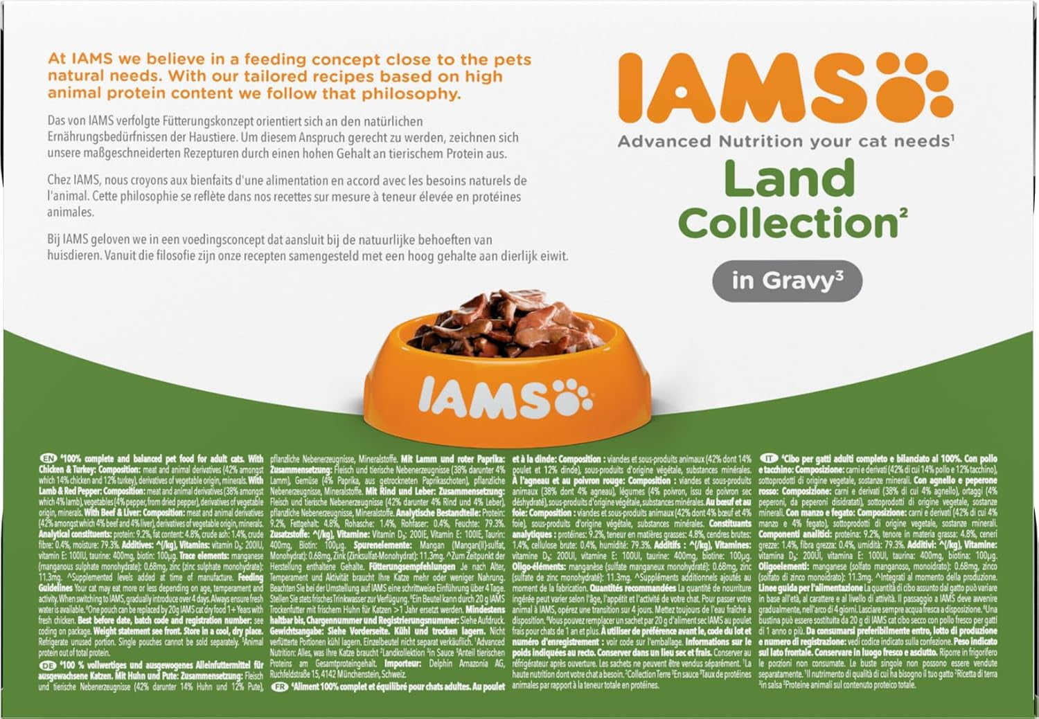 IAMS Delights Land Collection Mokré krmivo pro kočky - Multibalení s různými druhy masa (jehněčí, hovězí, kuřecí a krůtí) v omáčce, vlhké krmivo pro kočky od 1 roku, 12 x 85g