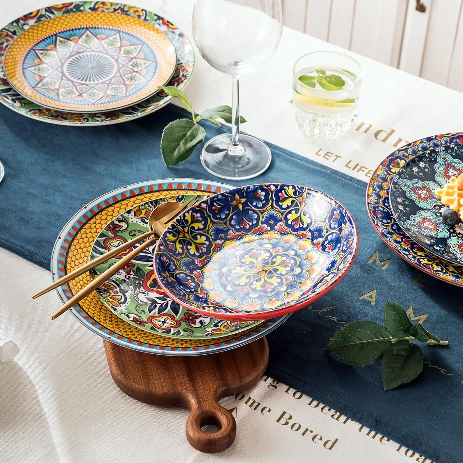 Porcelánová sada nádobí HENXFEN LEAD, 12dílná sada nádobí pro 4, sada barevného nádobí pro 4 – ručně malované talíře, dezertní talíře, polévkové talíře – bohémský styl