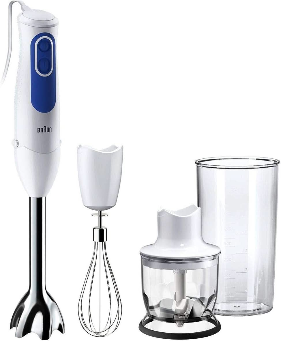 Braun Multiquick 3 MQ 3000 Smoothie+ Stabmixer – Pürierstab Mit 2 Geschwindigkeiten, Powerbell plus Und Splashcontrol-Technologie, 700 Watt, Inkl. 600 ml Mix- & Messbecher, Blau/Weiß Kitchen Naty Shop Mq3025 omeleta