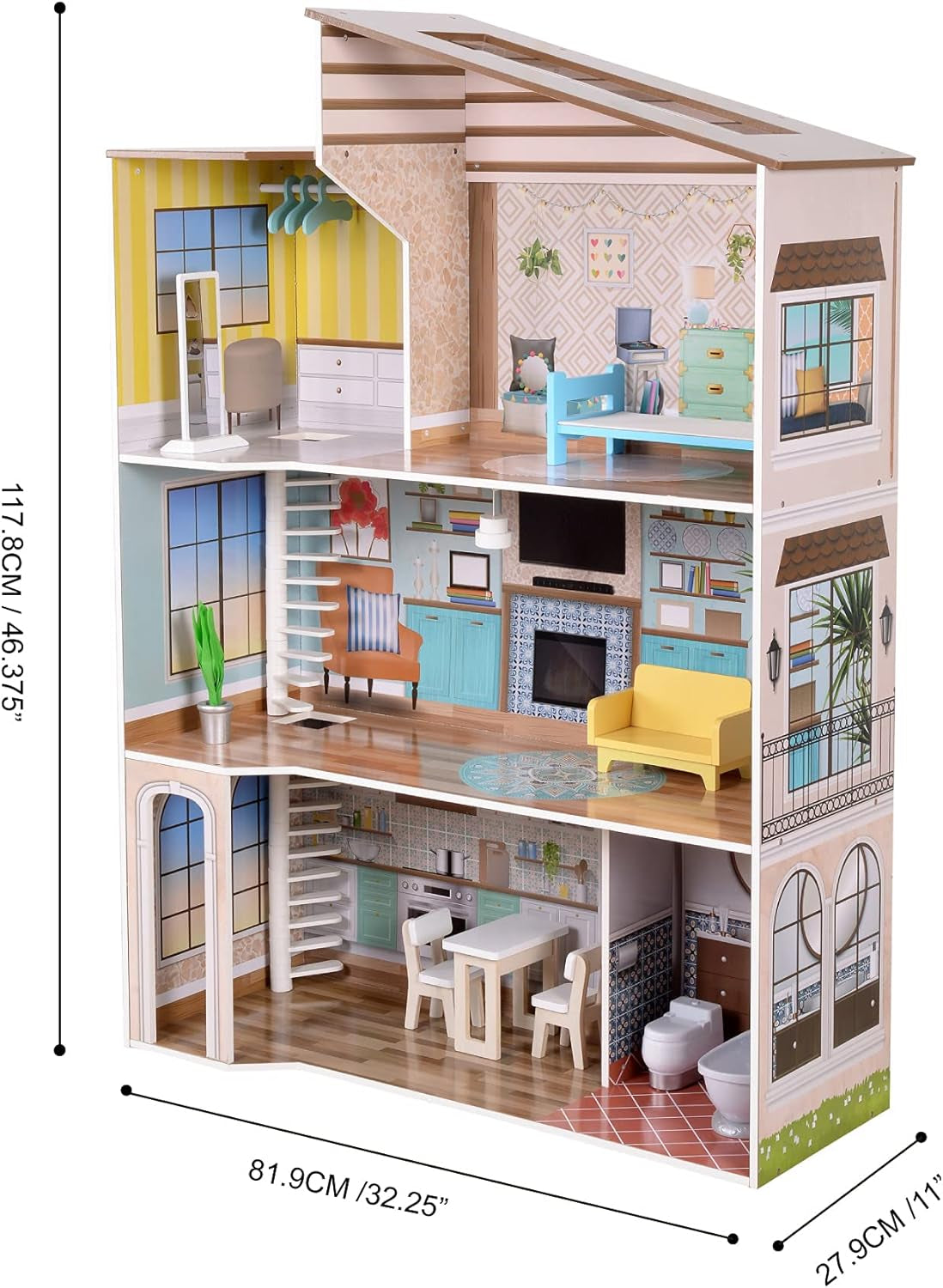 Olivia's Little World Současný středomořský styl 3patrový interaktivní dřevěný domeček pro panenky pro děti se 17 doplňky k nábytku pro panenky Vícebarevná TD-13551B