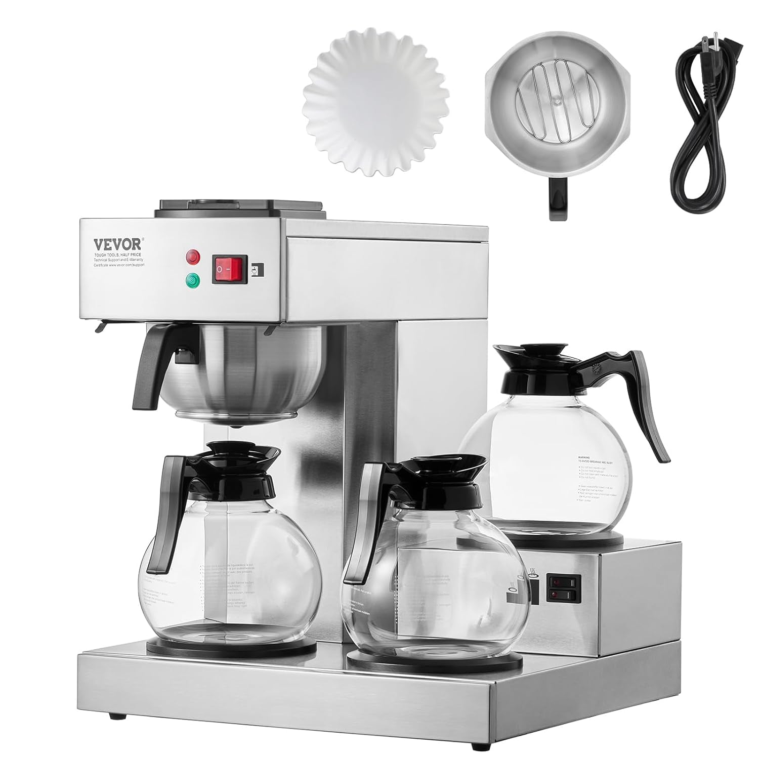 Komerční kávovar na espresso s filtrem na 12 šálků VEVOR se 3 skleněnými karafami a 3 topnými deskami Espresso kávovar z nerezové oceli s automatickým přívodem vody pro kancelářskou restauraci Kavárna