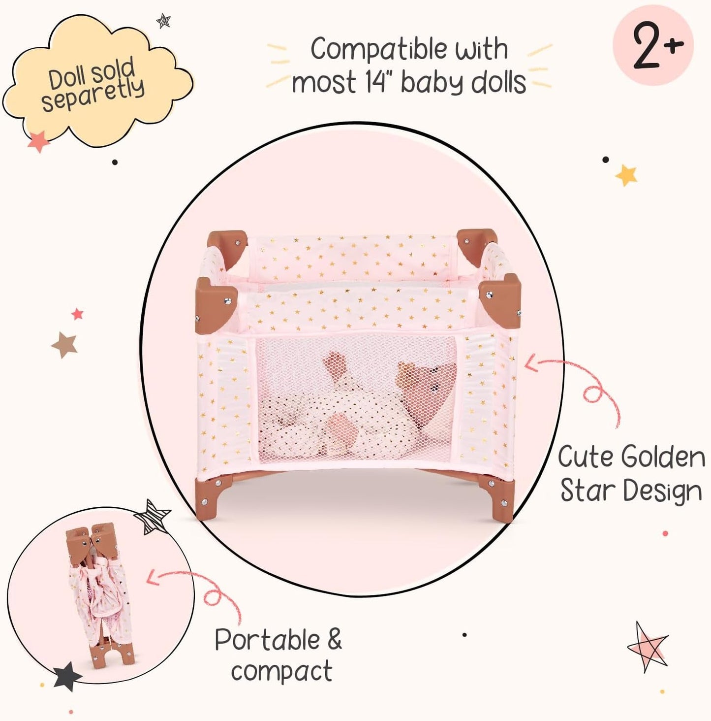 LullaBaby - Baby Puppen Laufstall - Faltbarer Puppen Laufstall in Rosa - Goldener Stern - Druckdesign - 36 cm Baby Puppen Kinderzimmer Zubehör - Vorgetäuschtes Spiel - Spielzeug für Kinder ab 2 Jahren