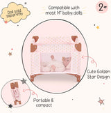 LullaBaby - Baby Puppen Laufstall - Faltbarer Puppen Laufstall in Rosa - Goldener Stern - Druckdesign - 36 cm Baby Puppen Kinderzimmer Zubehör - Vorgetäuschtes Spiel - Spielzeug für Kinder ab 2 Jahren