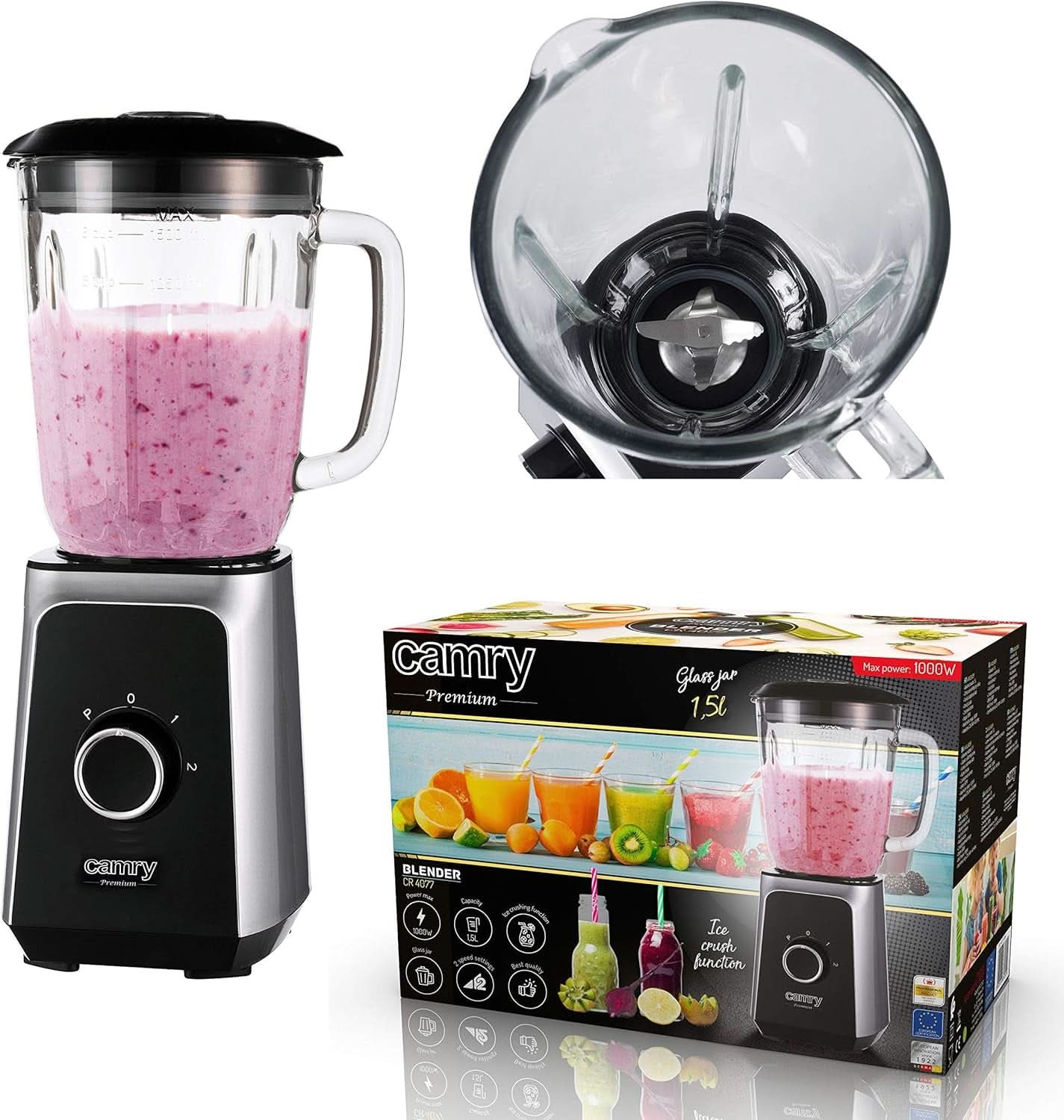 CR 4077 Standmixer Mit 1,5L Glasbehälter, Smoothie Maker, Hochleistungsmixer, Mahlung, Eis-Zerkleinerung, Pulsfunktion, Edelstahlklingen, 2 Geschwindigkeiten, 1000W, Schwarz/Silber Kitchen Naty Shop