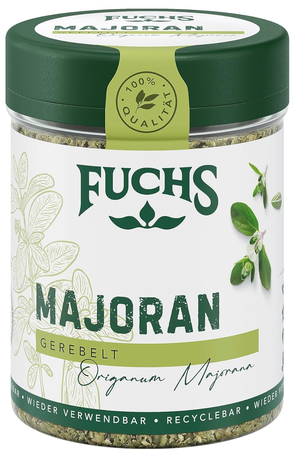 Fuchs Gewürze - Majoránka gerebelt - zum Würzen von Kartoffelgerichten, Fleischgerichten oder Eintöpfen - přírodní složky - 10 g v wiederverwendbarer, recyclebarer Dávka