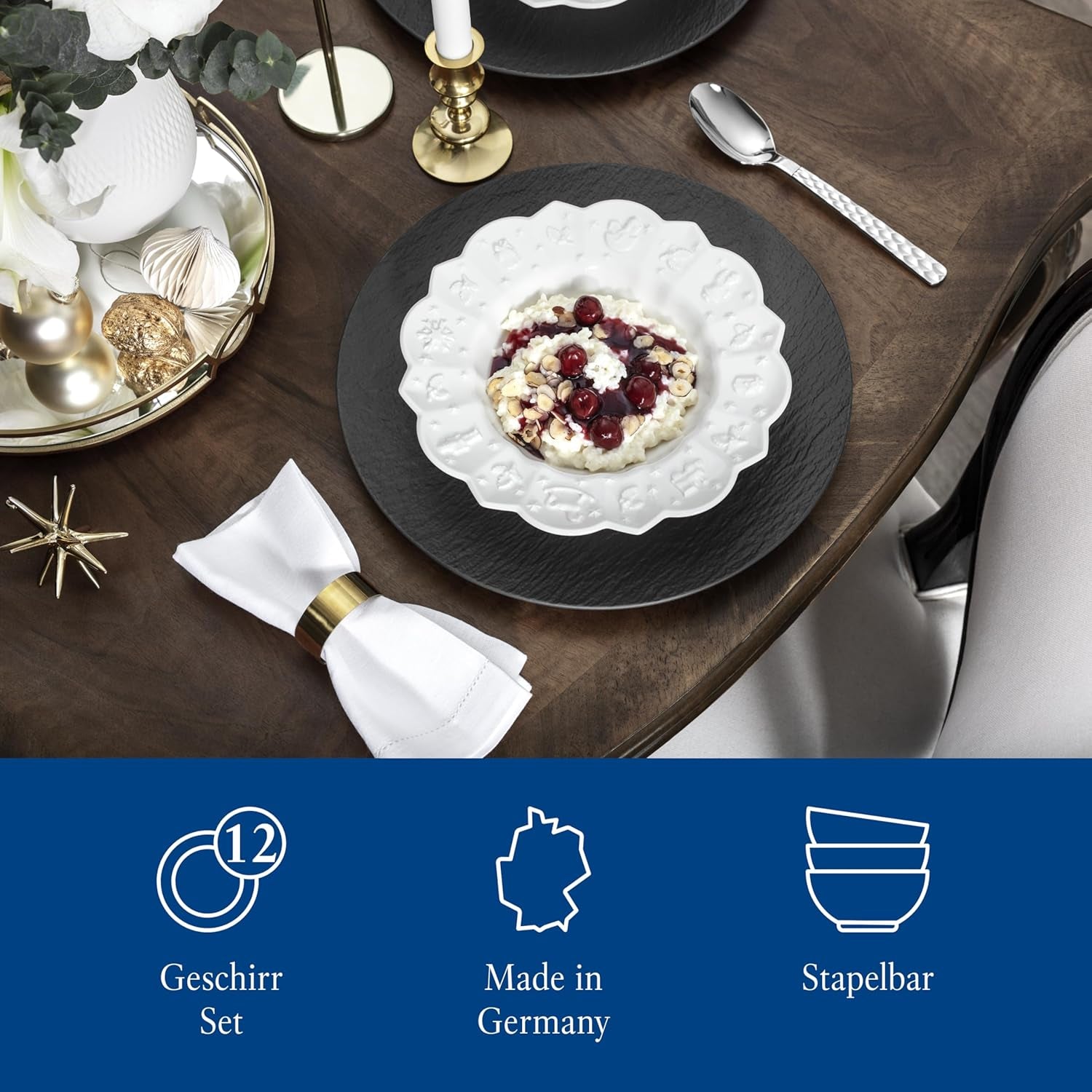Villeroy & Boch Toy's Delight Royal Classic 12dílná sada nádobí, vhodné do myčky a mikrovlnné trouby, bílé, talíře, sada nádobí pro 4 osoby, vánoční nádobí, hračky, prémiový porcelán
