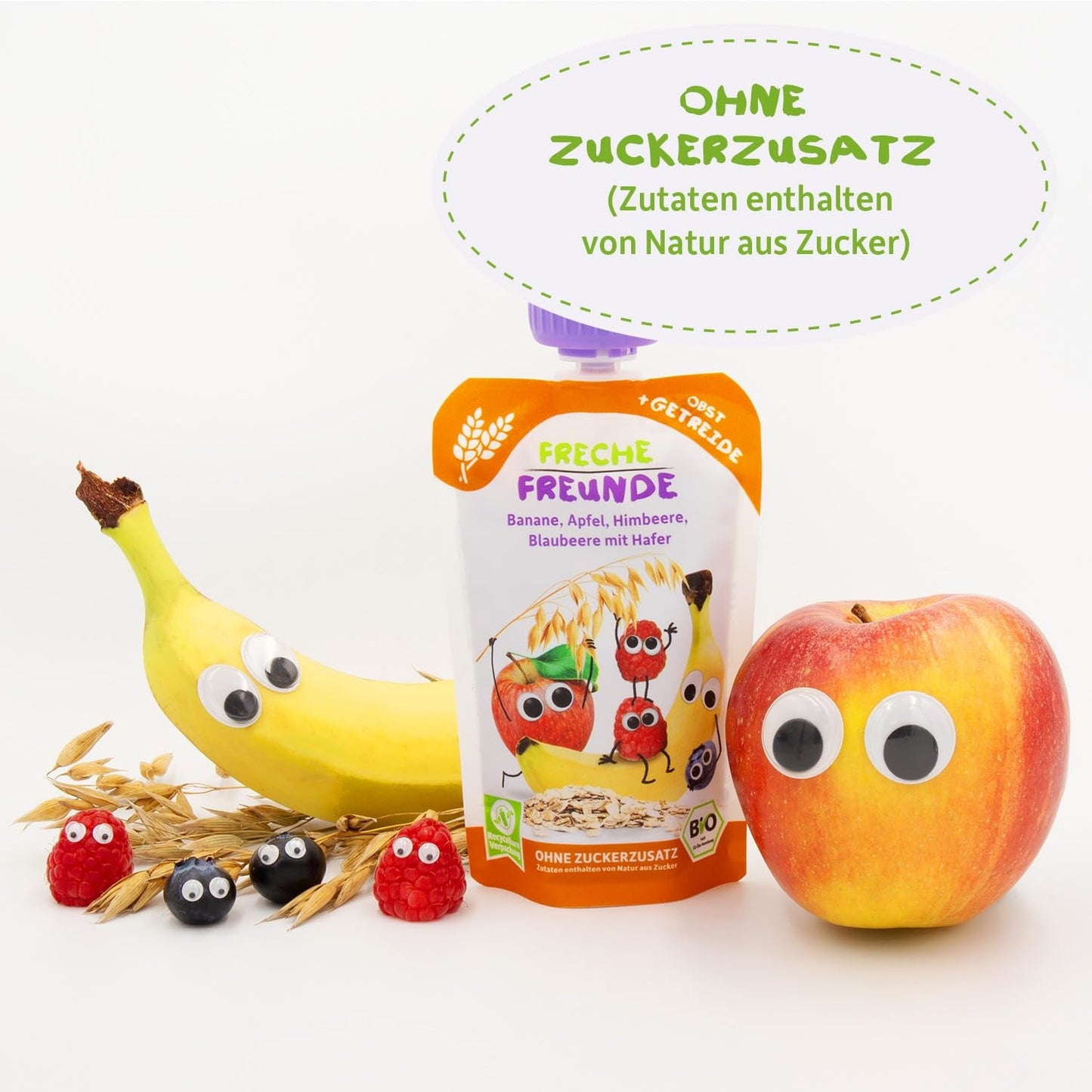 FRECHE FREUNDE Bio ovocná kapsička banán, jablko, malina, borůvka s ovsem, ovocné pyré s cereáliemi ve stlačitelném sáčku pro děti od 6 měsíců, veganské, balení 6 ks (6 x 100 g)