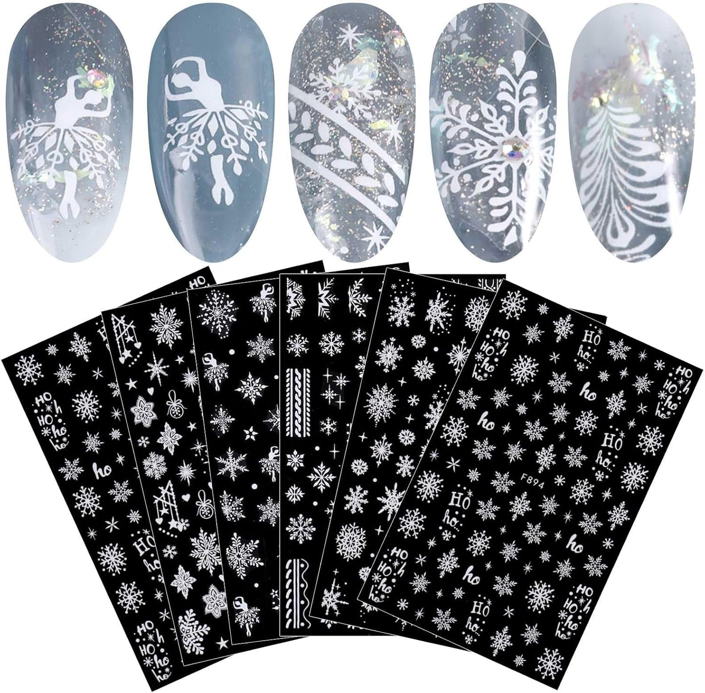 JMEOWIO Nálepka na nehty Weihnachten Weiß Glitter 8 Blatt Nálepka na nehty Selbtklebend Nagelaufkleber Schneeflocke Zimní dovolená Dekorace Nageldesign Zubehör