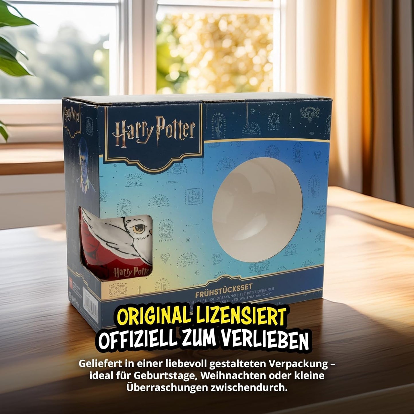 Harry Potter 3dílná sada nádobí, červená, porcelánová snídaňová sada s talířem Ø 19 cm, hrnkem 220 ml a miskou 330 ml, sada nádobí
