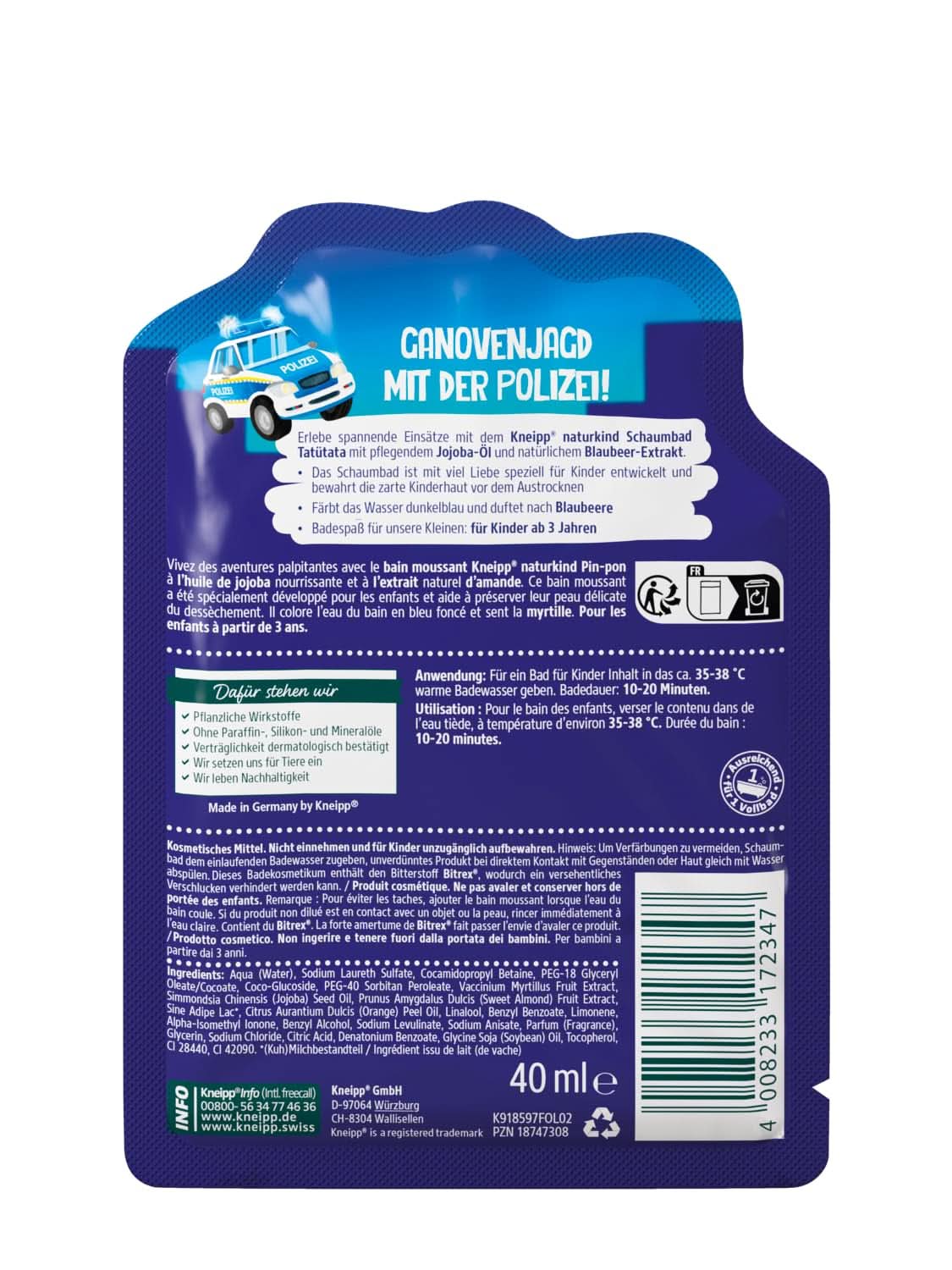 Kneipp Naturkind, přísada do koupele s vyživujícím jojobovým olejem a přírodním extraktem z borůvek, ovocná příchuť borůvky, modrá voda, 40 ml Sprcha a koupel Naty Shop