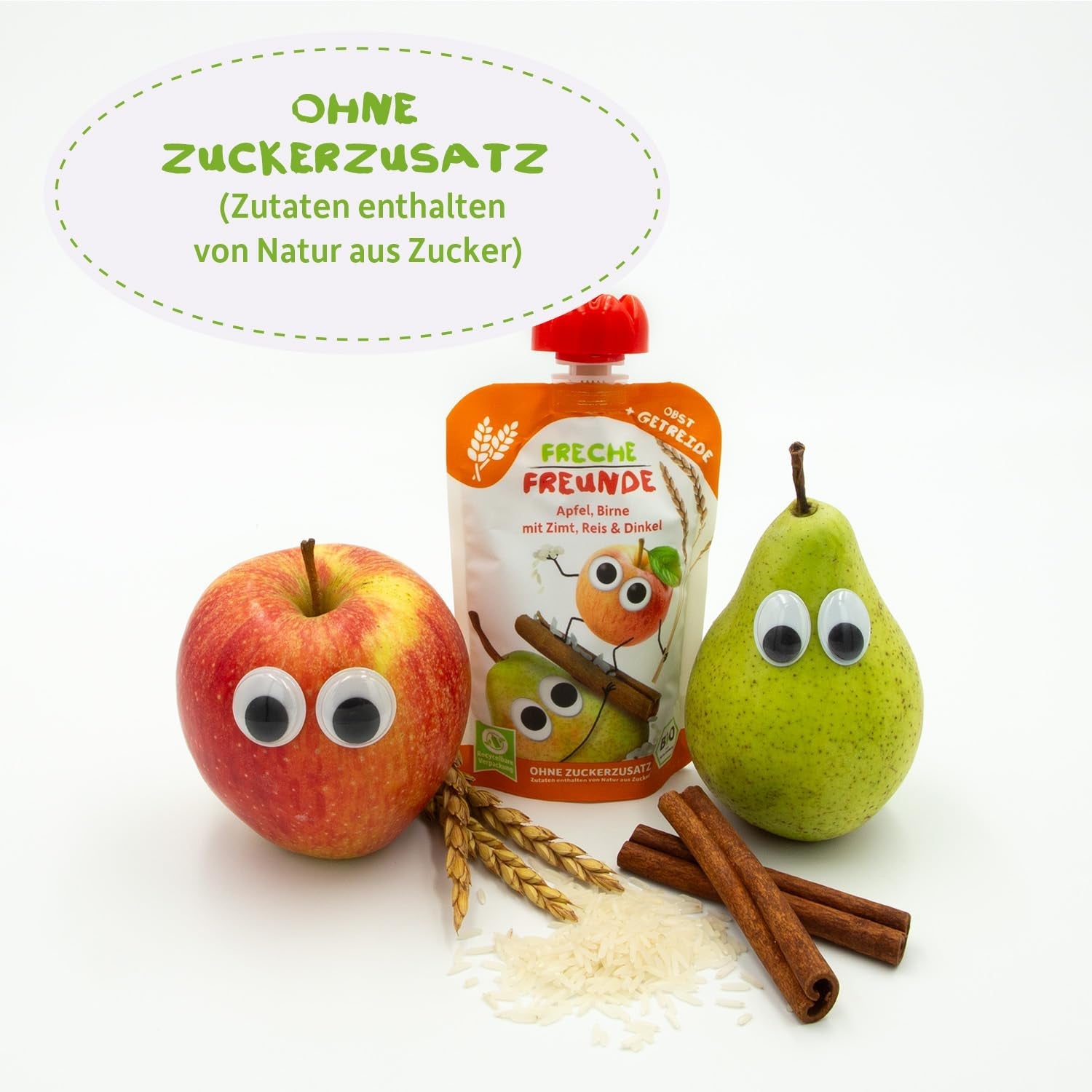 FRECHE FREUNDE Bio vymačkatelné ovocné sáčky Jablko Skořice Hruška Rýže Špaldová ovocná kaše s cereáliemi pro děti 6 měsíců+ Vegan 6 balení (6 x 100 g)