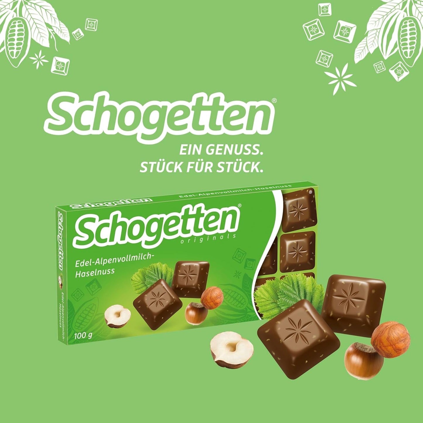 Schogetten Premium alpská mléčná čokoláda s lískovými oříšky, 100g čokoládová tyčinka, jednotlivě porcovaná. Potěšení. Kousek po kousku.
