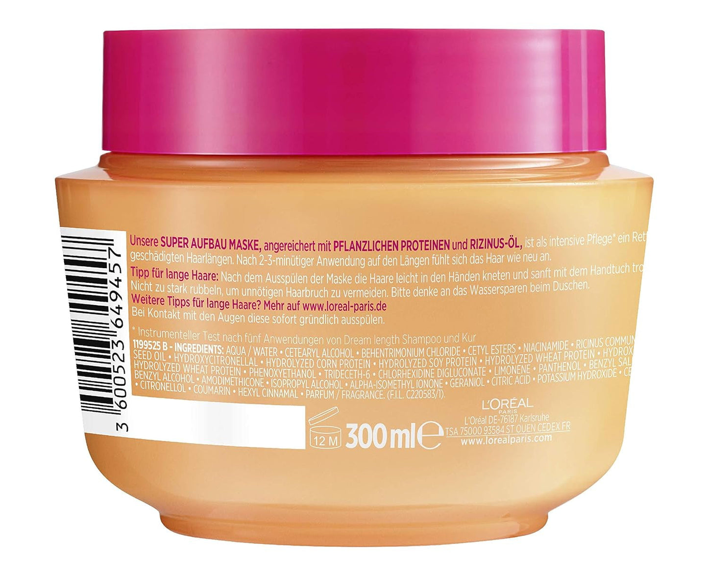 L'Oréal Paris Elvital maska na vlasy proti roztřepeným konečkům pro dlouhé, poškozené vlasy, Intenzivní oplachovací kúra, S rostlinnými vitamíny a ricinovým olejem, Maska Dream Length Super Build-up Mask, 1 x 300 ml Naty Shop Hair Mask