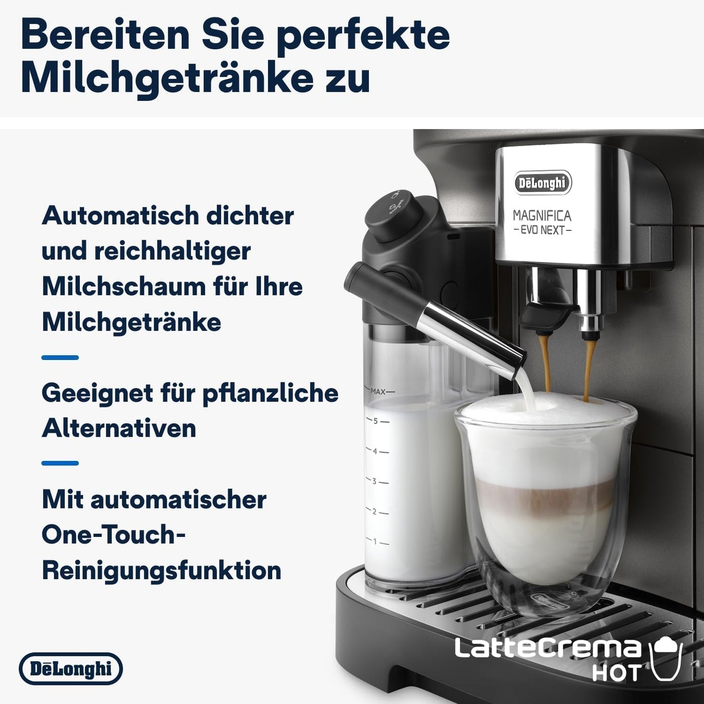 De'Longhi Magnifica Evo Next – plně automatický espressor Perfetto s napěňovačem mléka LatteCrema, 13 nápojů jedním dotykem, kávovar a cappuccino, barevný dotykový displej, titan (ECAM312.80.TB)