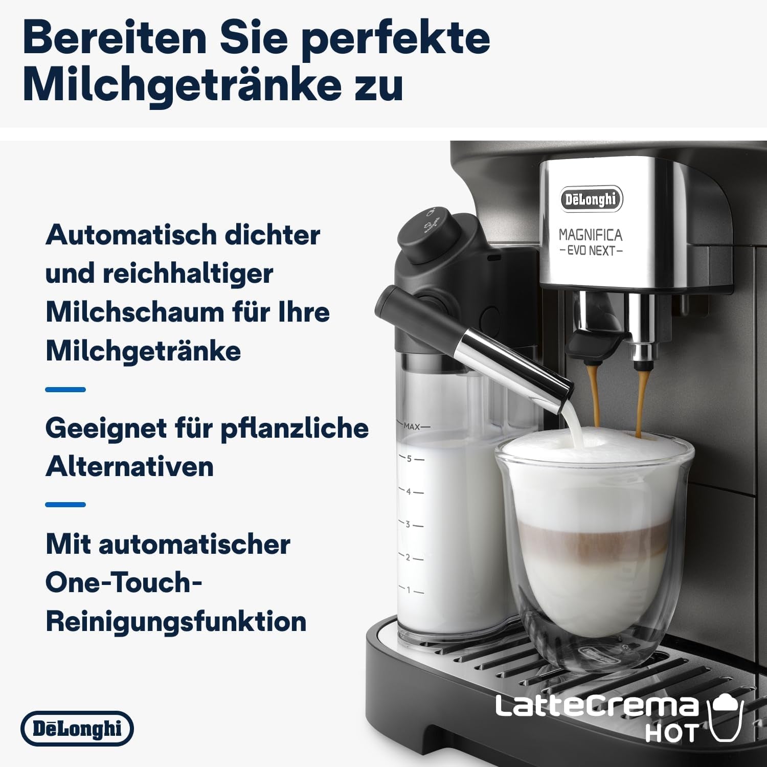 De'Longhi Magnifica Evo Next – plně automatický espressor Perfetto s napěňovačem mléka LatteCrema, 13 nápojů jedním dotykem, kávovar a cappuccino, barevný dotykový displej, titan (ECAM312.80.TB)