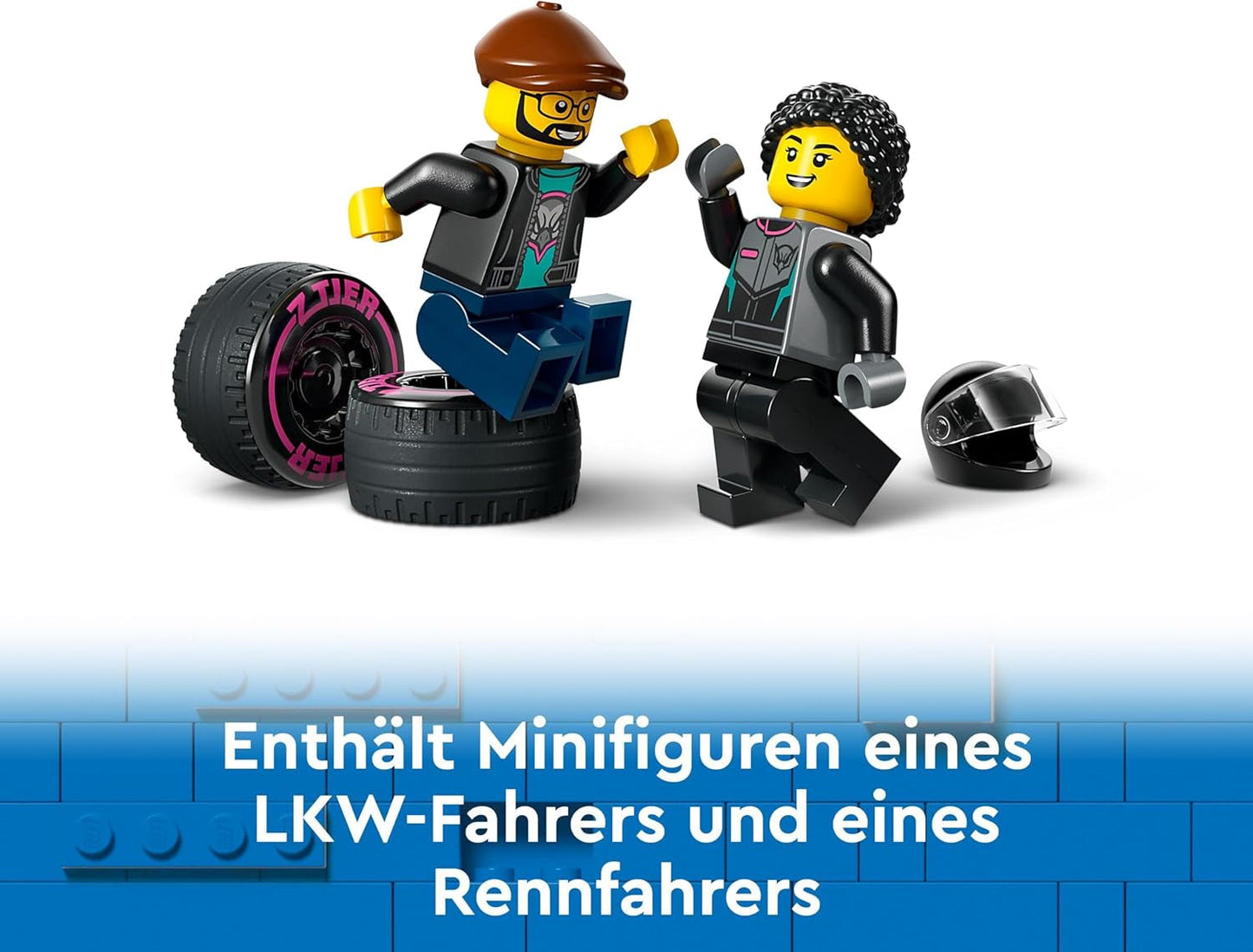 LEGO City Car Transporter se závodním autem, náklaďákem s nastavitelnou nakládací rampou a závodním autem, stavebnice se 2 minifigurkami, závodním jezdcem a řidičem kamionu, pro děti od 6 let 60406 Stavebnice Besuche den LEGO-Store
