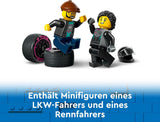 LEGO City Car Transporter se závodním autem, náklaďákem s nastavitelnou nakládací rampou a závodním autem, stavebnice se 2 minifigurkami, závodním jezdcem a řidičem kamionu, pro děti od 6 let 60406 Stavebnice Besuche den LEGO-Store