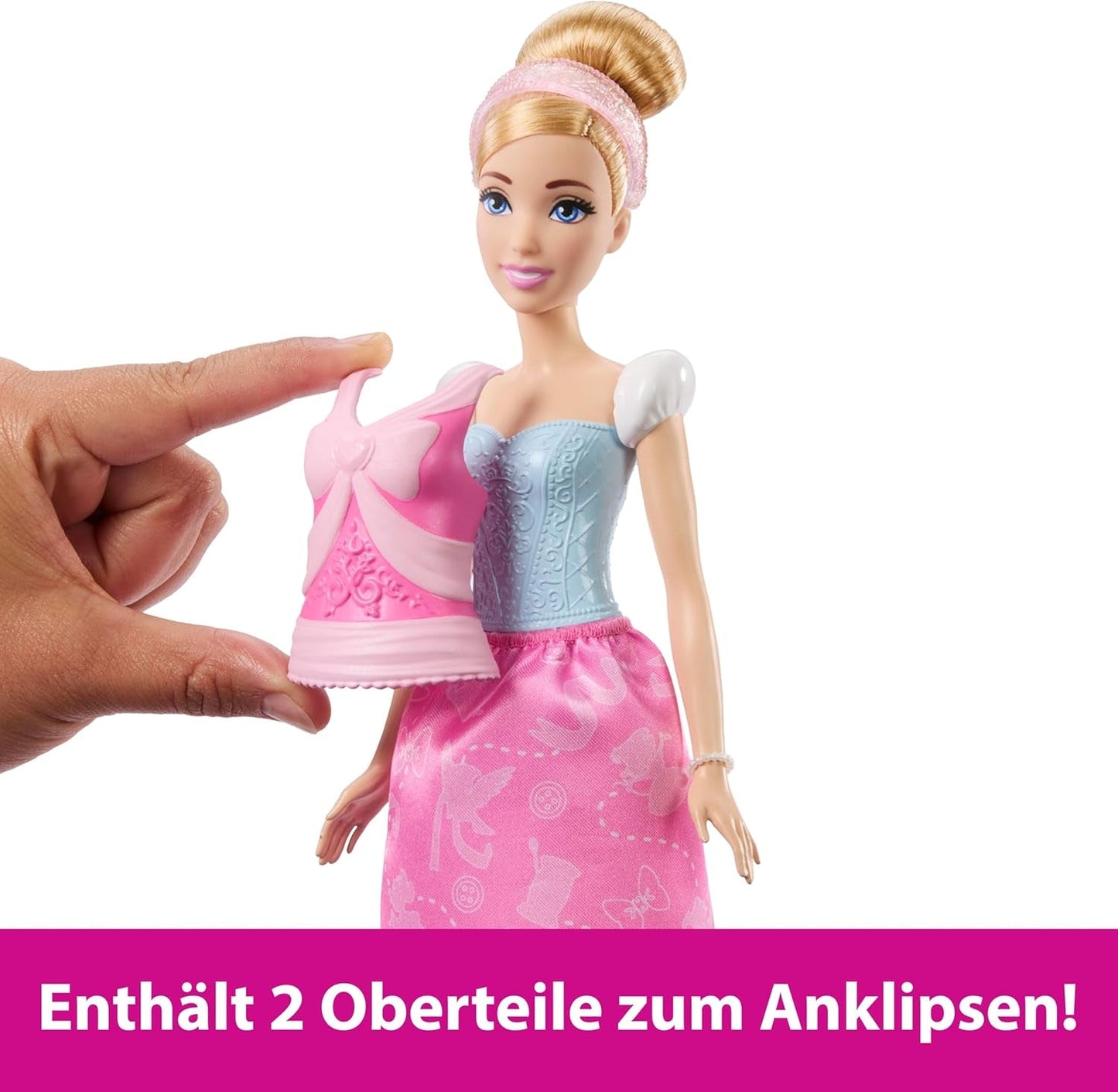 Módní panenka Mattel Disney Princess Toys Popelka se 2 oblečky, 9 doplňky, 2 topy se sponkami a 2 sukněmi. Příběhy 2 v 1 inspirované filmem Disney, JCR95