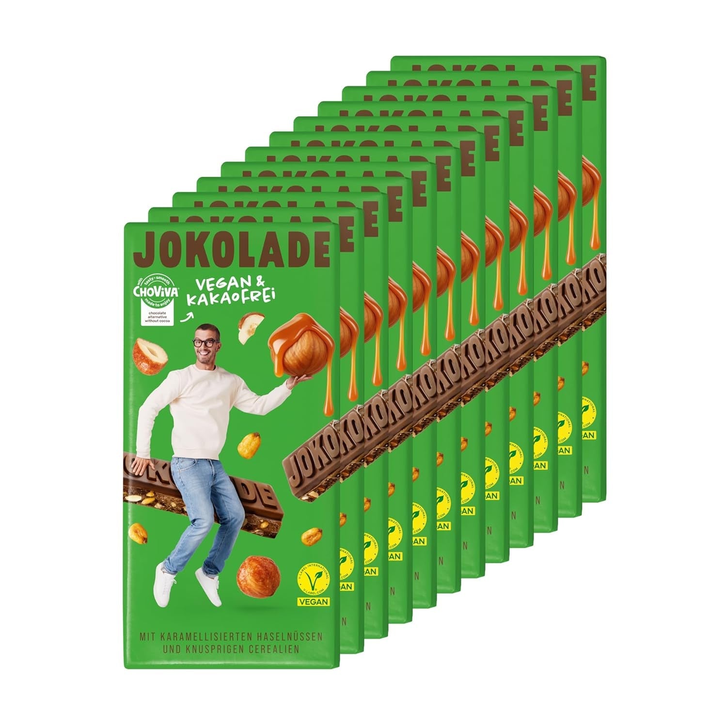 JOKOLADE 12 tyčinek x 140g Ekonomické balení | S karamelizovanými arašídy a křupavými cereáliemi | Veganské a bez kakaa