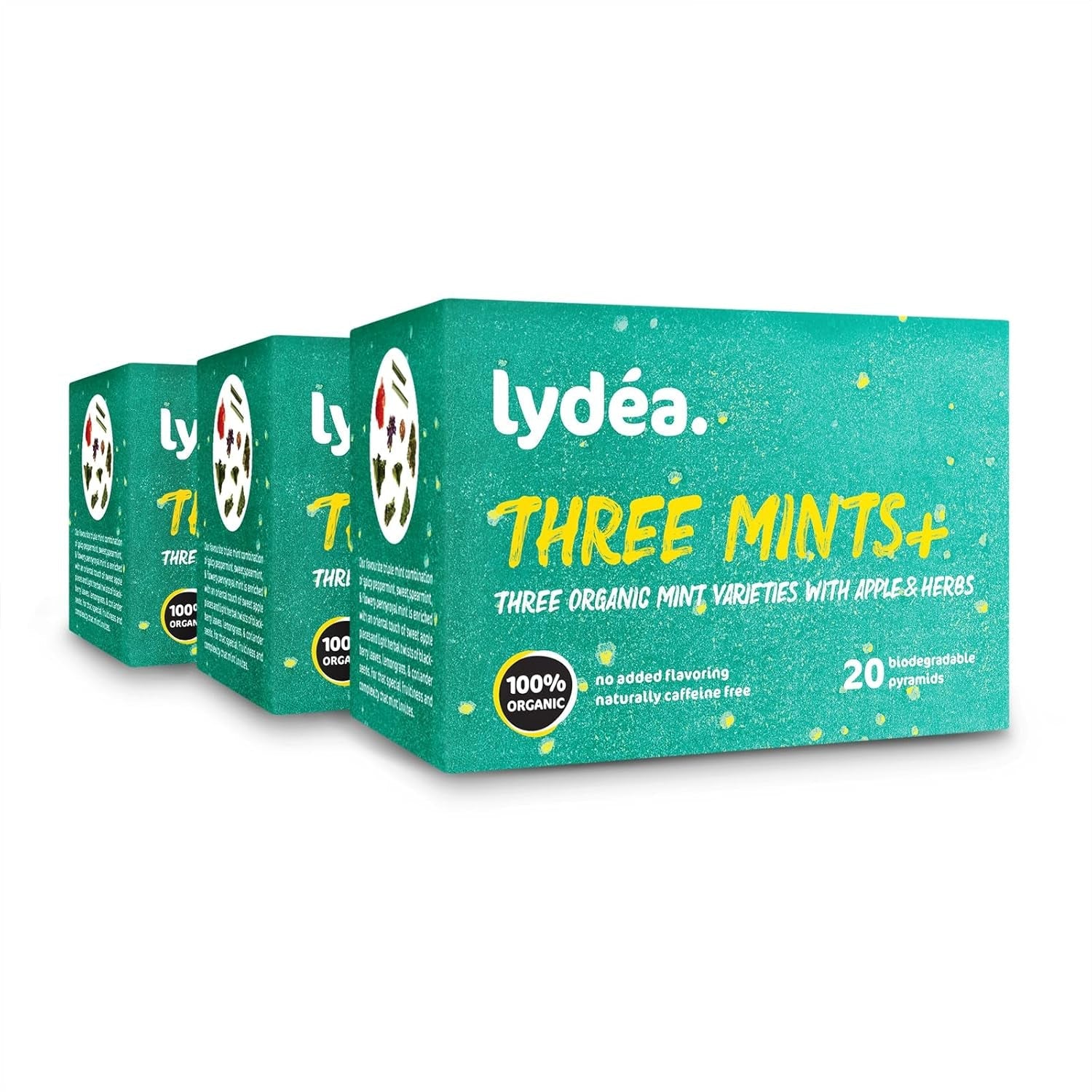 Lydea Three Mints+ Organický bylinný čaj se třemi druhy máty, jablka a bylinek, 60 pyramid, 3 balení [3 x 20 pyramid]
