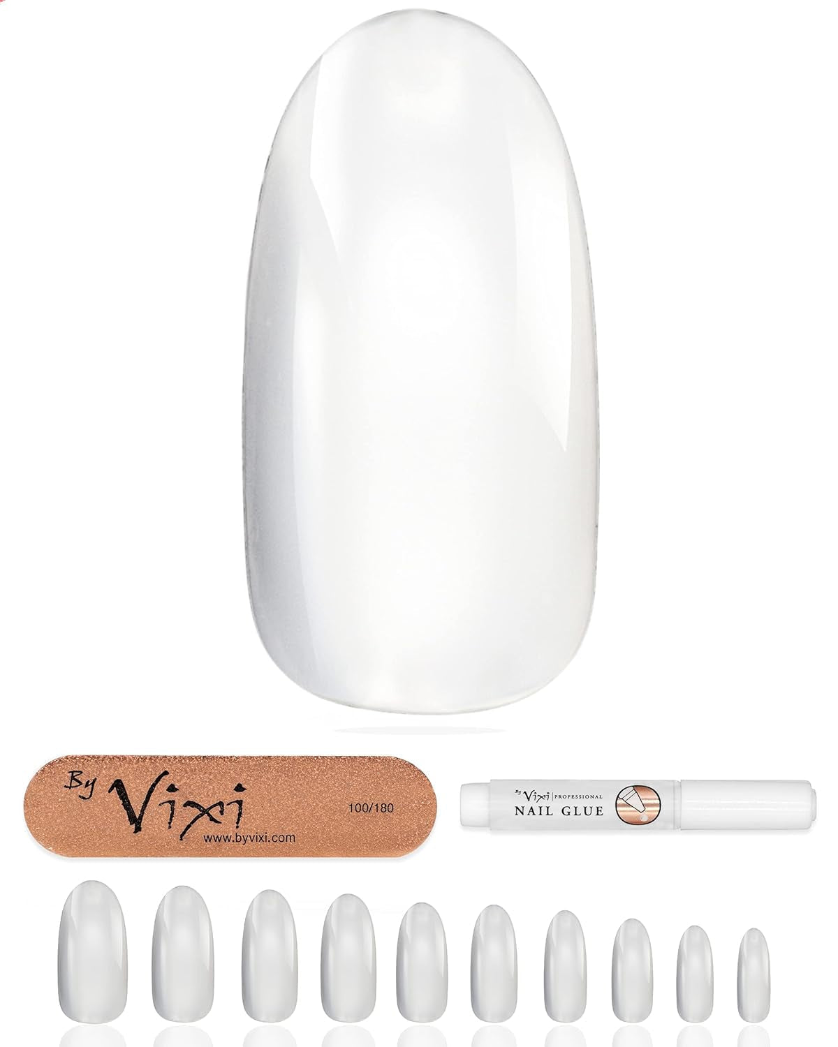 Vixi 600 krátké oválné prodloužení nehtů s přípravným pilníkem, 10 velikostí - plné krytí, neprůhledné. Pro profesionály i domácí použití.