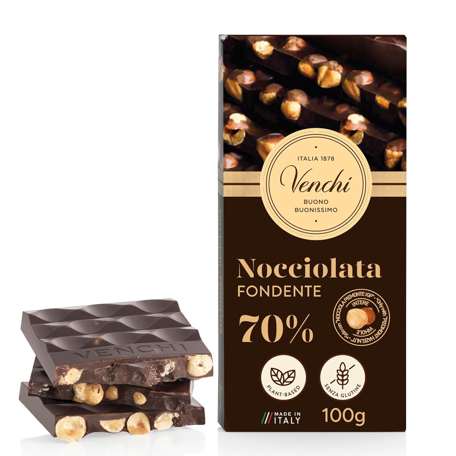 Venchi - Tyčinka z lískových oříšků, solené lískové ořechy, mandle a pistácie, 95 g, s "Piemontskými lískovými oříšky", bez lepku, bez umělých barviv a bez konzervantů