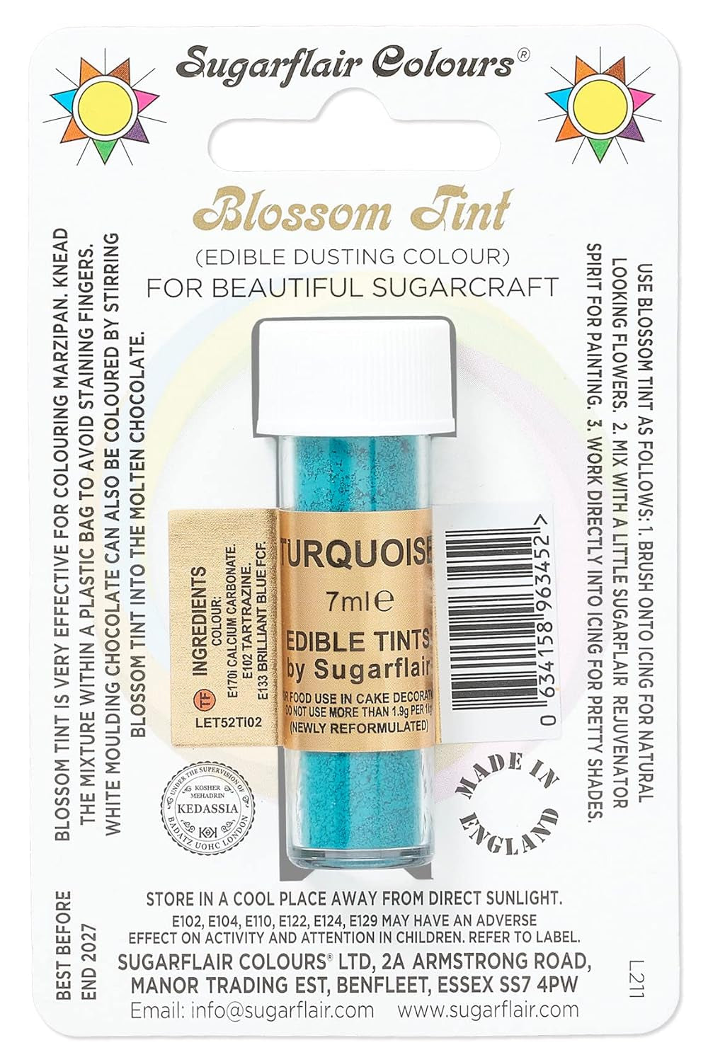 Potravinářské barvivo v prášku Sugarflair Blossom Tint Dusting Turquoise - Potravinářské barvivo v prášku na zdobení barevné cukrové pasty, fondánu, polevy, čokolády, máslového krému, makronek - 7 ml