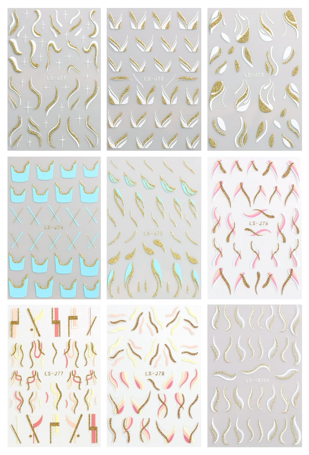 JMEOWIO Nálepka na nehty Französische Tipp 9 Blatt Nálepka na nehty Selbtklebend Nagelaufkleber Glitzer Wellenlinie Dekoration Nageldesign Zubehör