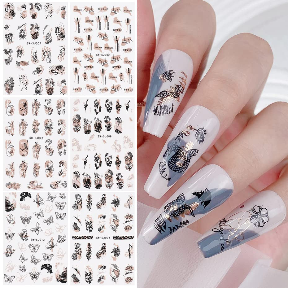 JMEOWIO Nálepka na nehty Rose Gold Schwarze Blume 12 Blatt Nálepka na nehty Selbtklebend Nagelaufkleber Frühlings Linie Abstraktes Blatt Dekoration Nageldesign Zubehör