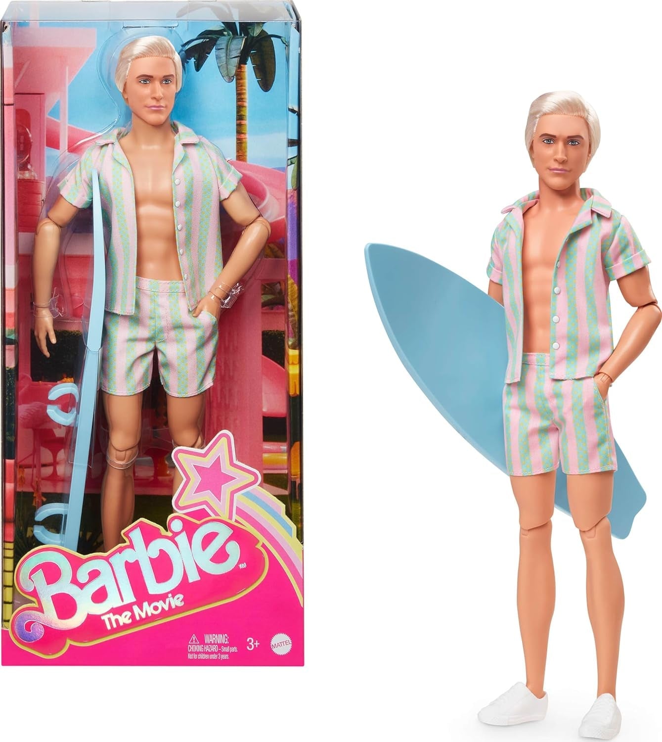 Barbie film Ken, panenka Barbie v pastelově růžové a zelené pruhované plážové oblečení, surfovací prkno a bílé tenisky, JBJ54