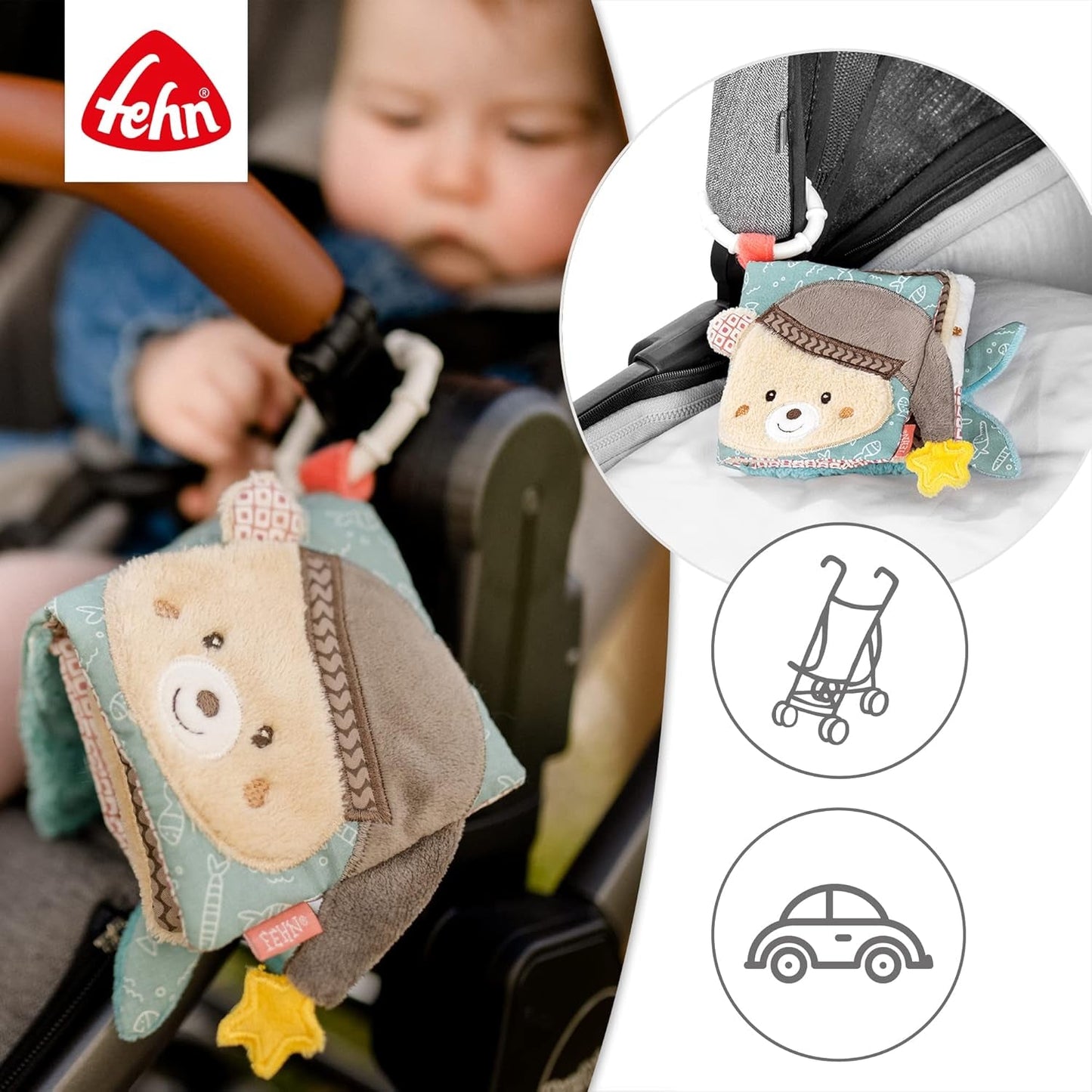 Fehn Soft obrázková knížka Bruno - měkká knížka pro miminka z látky s motivy zvířátek - látková knížka na zavěšení do kočárku a autosedačky - knížka s petardami pro miminka a děti od 0+ měsíců Baby Toys Naty Shop