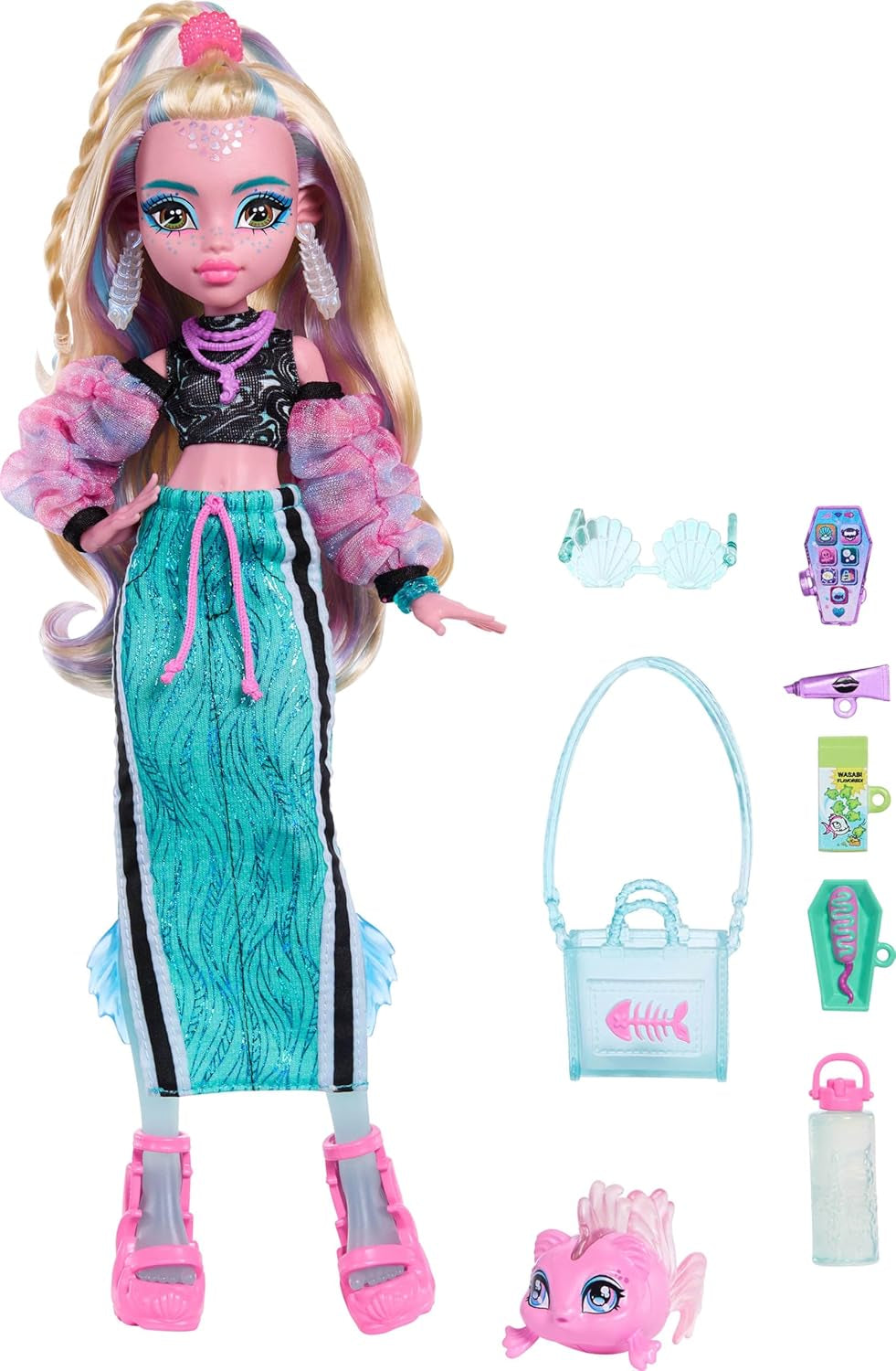 Monster High Lagoona Blue Neptuna Fish Short top a sportovní panenka v maxi sukni se 7 doplňky včetně skořepinových slunečních brýlí, svačiny a tašky, JHK33