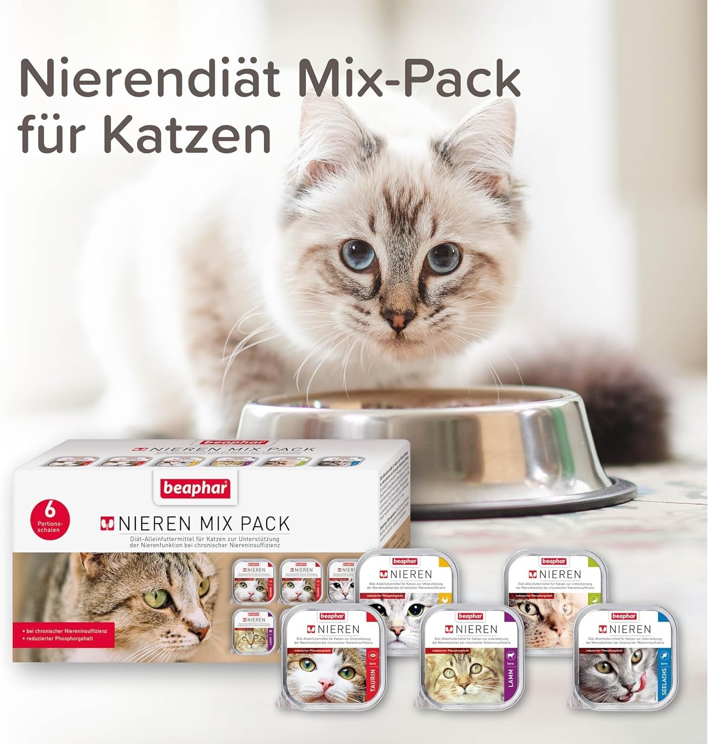 BEAPHAR – Renal Diet Mixed Package – Kompletní krmivo pro kočky s chronickým selháním ledvin – Pro podporu funkce ledvin – 6 x 100 g