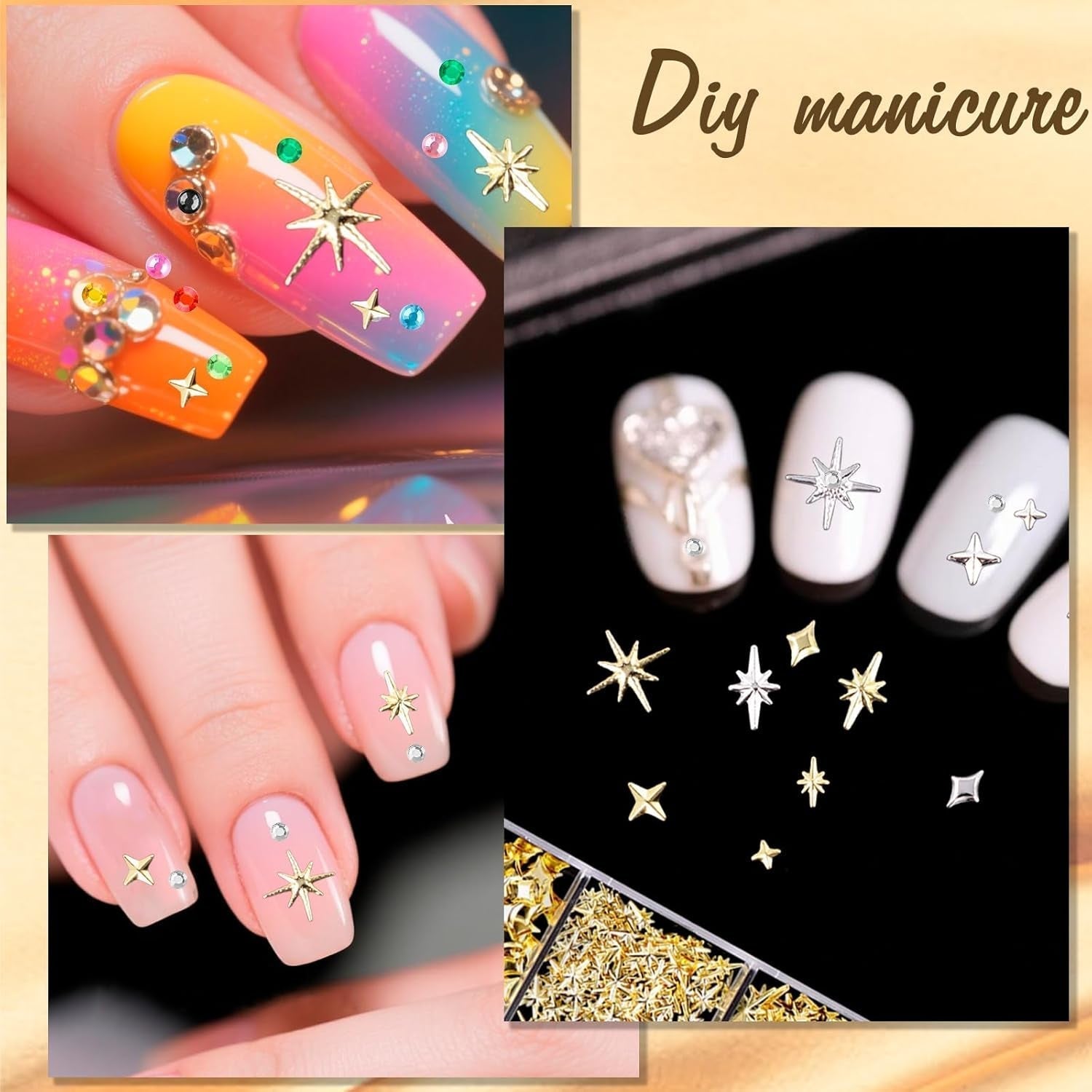 Nail Charms,6 Boxen Gold Silver Nagel Charms 3D Gold Bogen Stern Art Dekoration+6200 Strassstein ​​Bunt Steine ​​​​AB Perlen Diamanten, 3D Legierung Bow Nail Gems Nagel Deko Für Frauen Nagel (6-A)