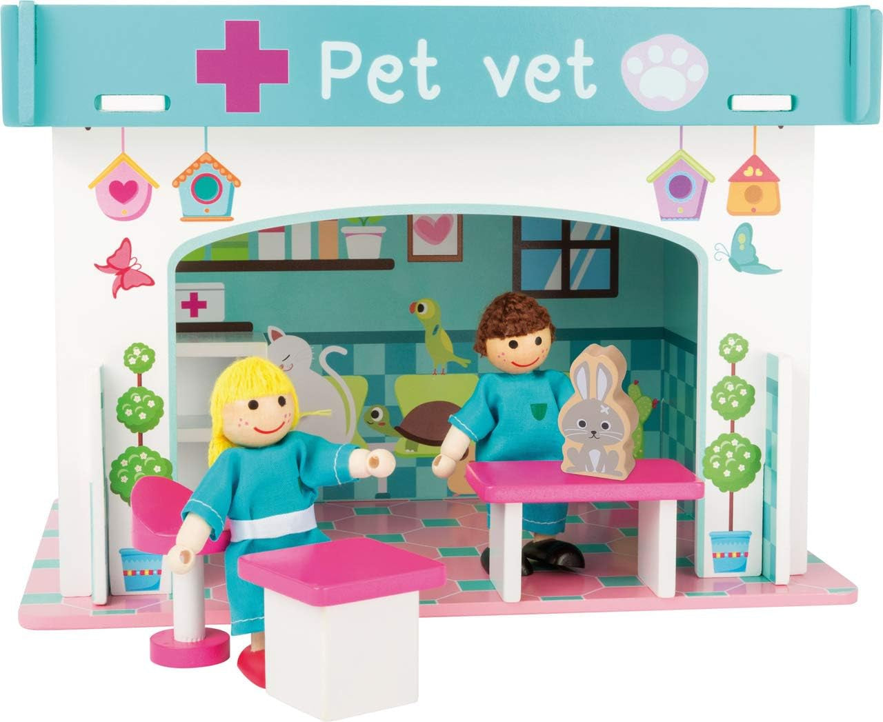 Small Foot 10852 Playhouse Restaurant Vyrobeno ze dřeva, Se 2 figurkami panenek, doplňky a odnímatelnou střechou, Od 3 let Domky pro panenky Naty Shop Veterinární klinika