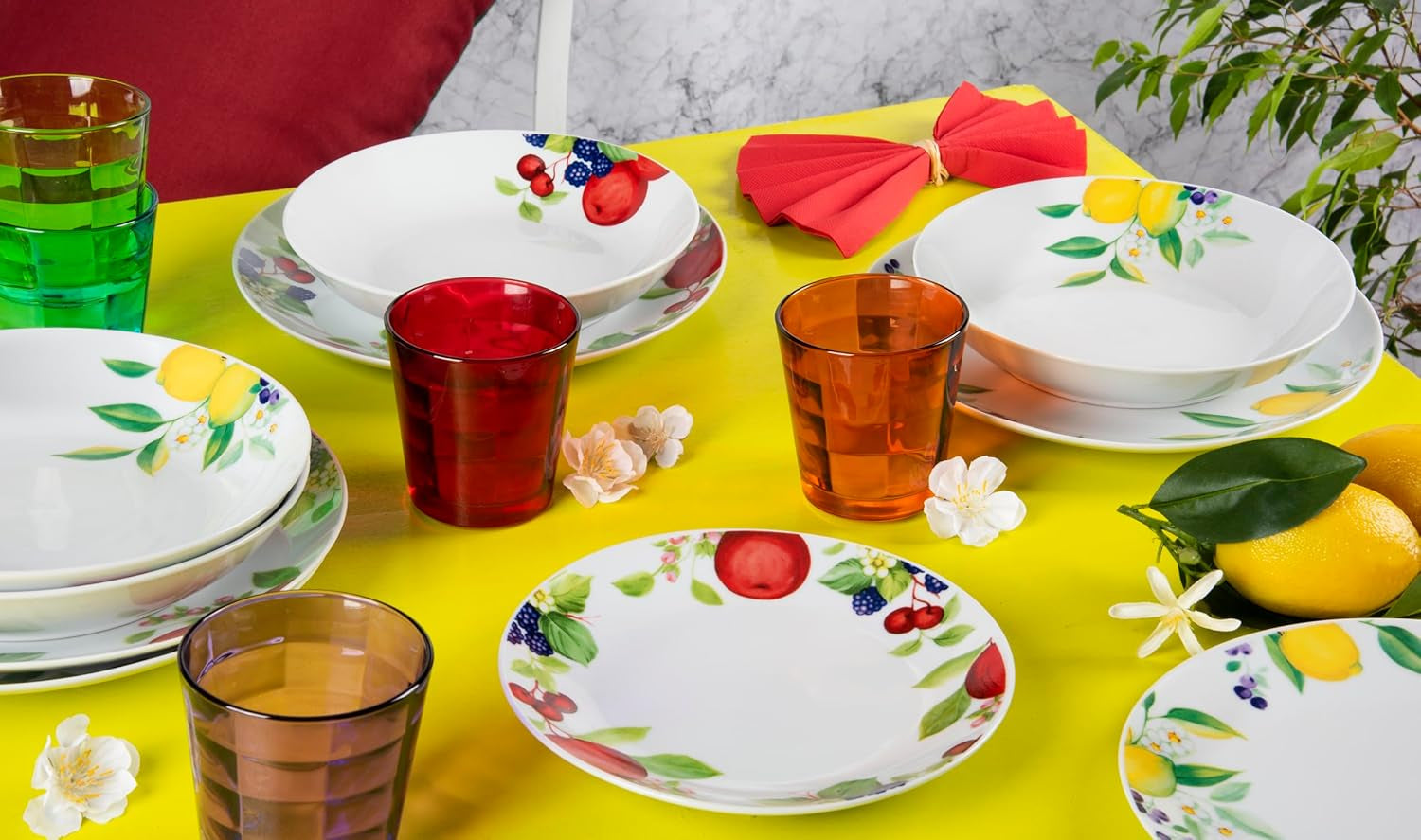 Sada nádobí Excelsa Lemon, 18 kusů, porcelán, bílá/citron