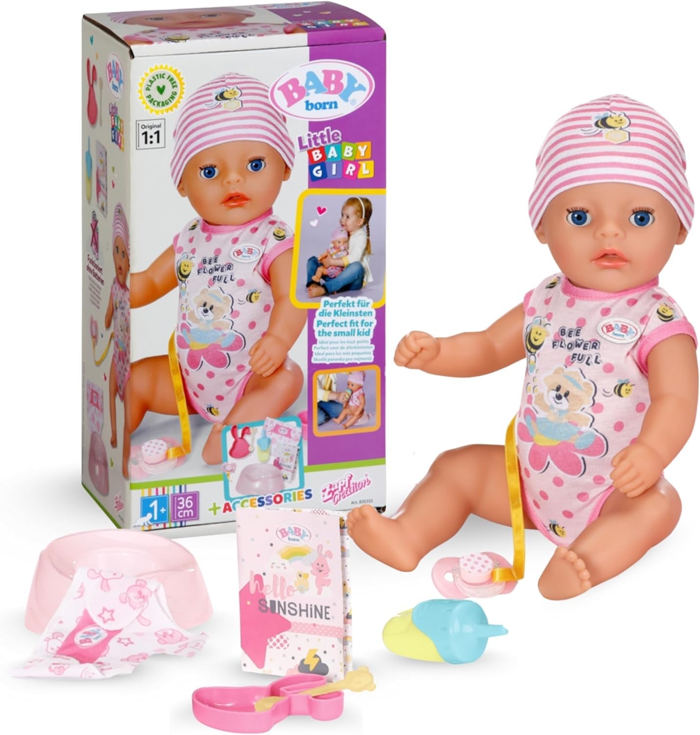BABY Born Lena (Girl) - panenka 36 cm - 7 funkcí, včetně příslušenství a matrace - Funguje zcela bez baterií - Vhodné pro malé děti od 1 roku