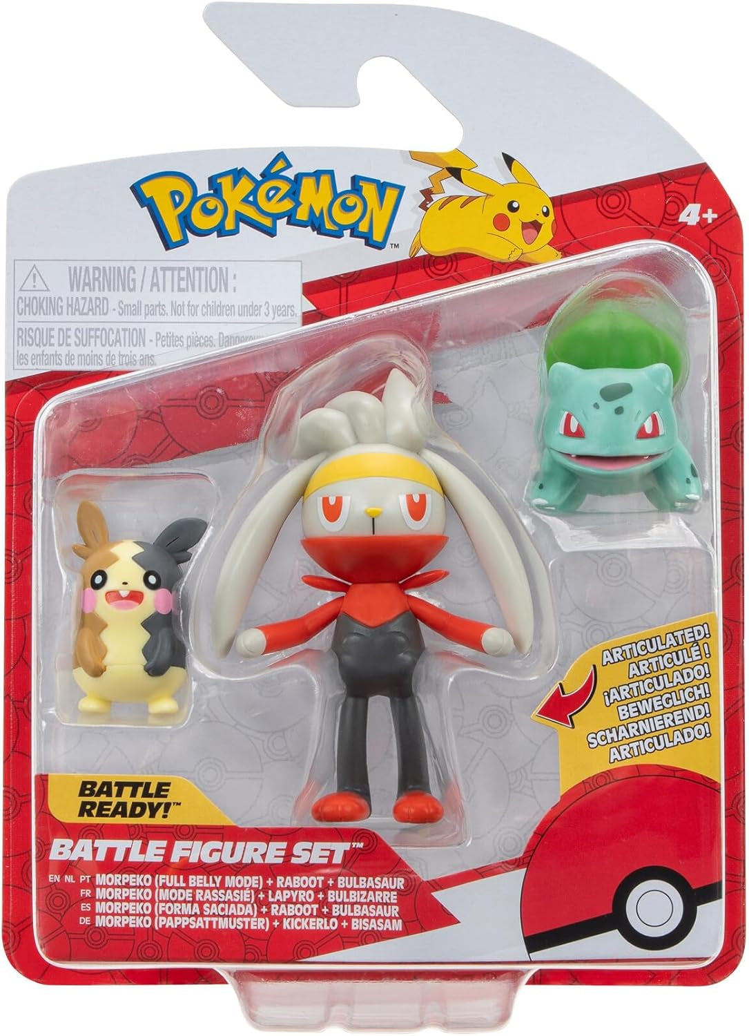 Pokémon PKW3057 Sada bitevních figurek-Piepi, Tanhel, Lauchzelot Akční figurky Naty Shop Morpeko, Bisasam, Kickerlo