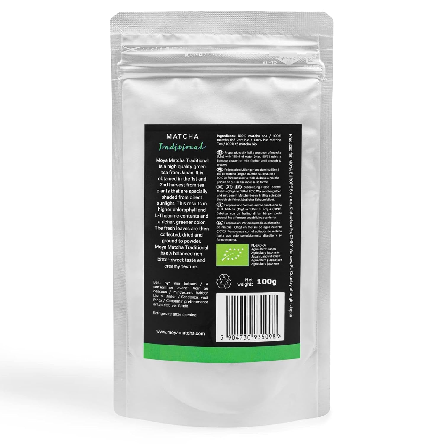 Moya Matcha organický prášek ze zeleného čaje | 100 g tradiční obřadní kvality 30 g | Ekologicky pěstované a sklizené v Uji, Japonsko | Perfektní k pití s ​​vodou, matcha latté, smoothies a limonádami