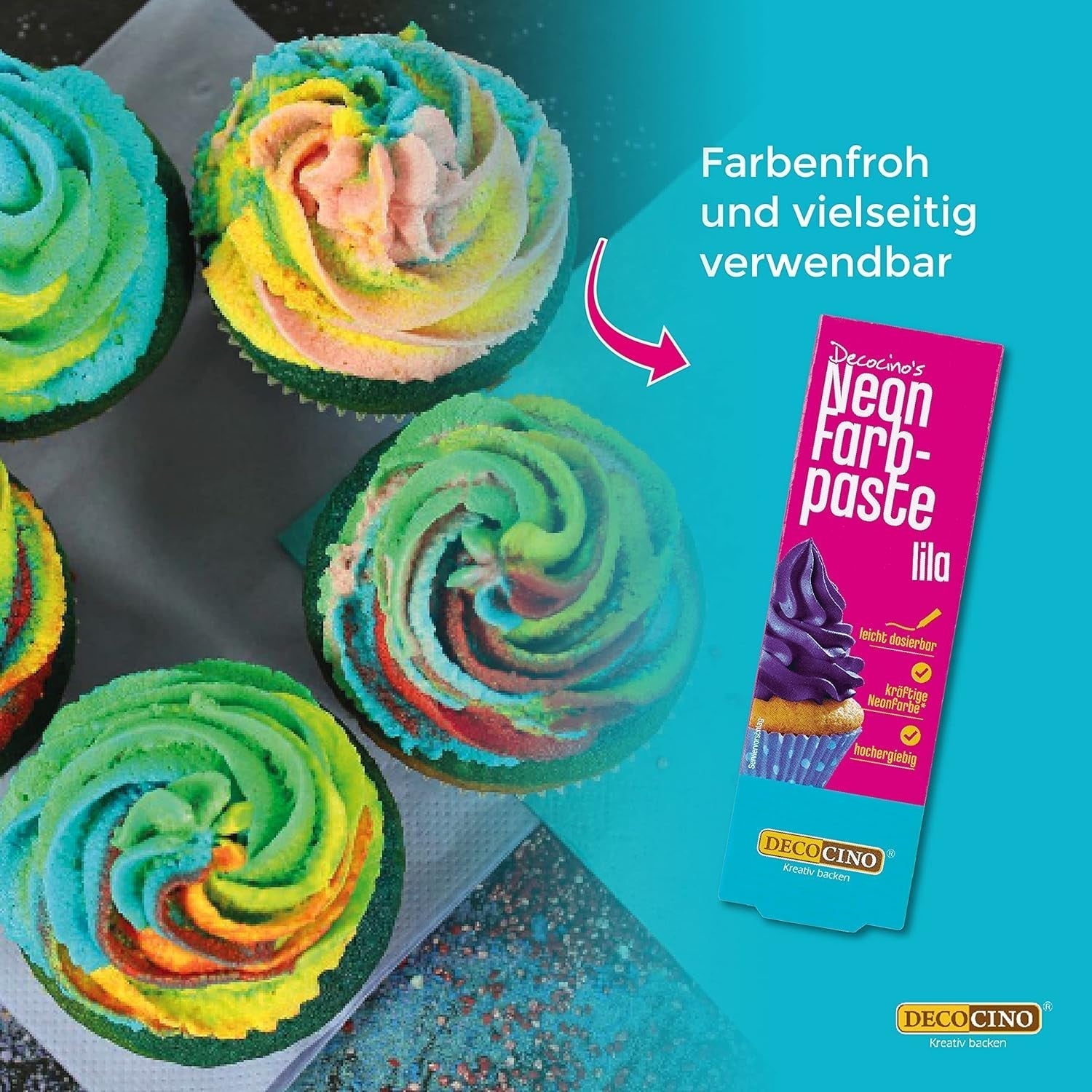 Sada potravinářských barviv Decocino Neon – 3 kusy – červená, růžová, fialová – potravinářské barvivo s vysokou dávkou – na barvení dortů, muffinů, cupcaků – bez chuti