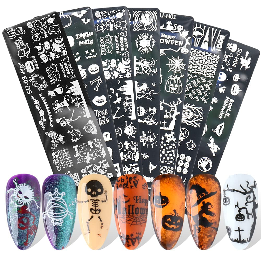 JMEOWIO Šablony na razítkování nehtů Halloween 6 Stück Nagelstempel Šablony Nail Art Dekorace Nageldesign Zubehör Böse Gruselige Kürbis-Geisterhexe