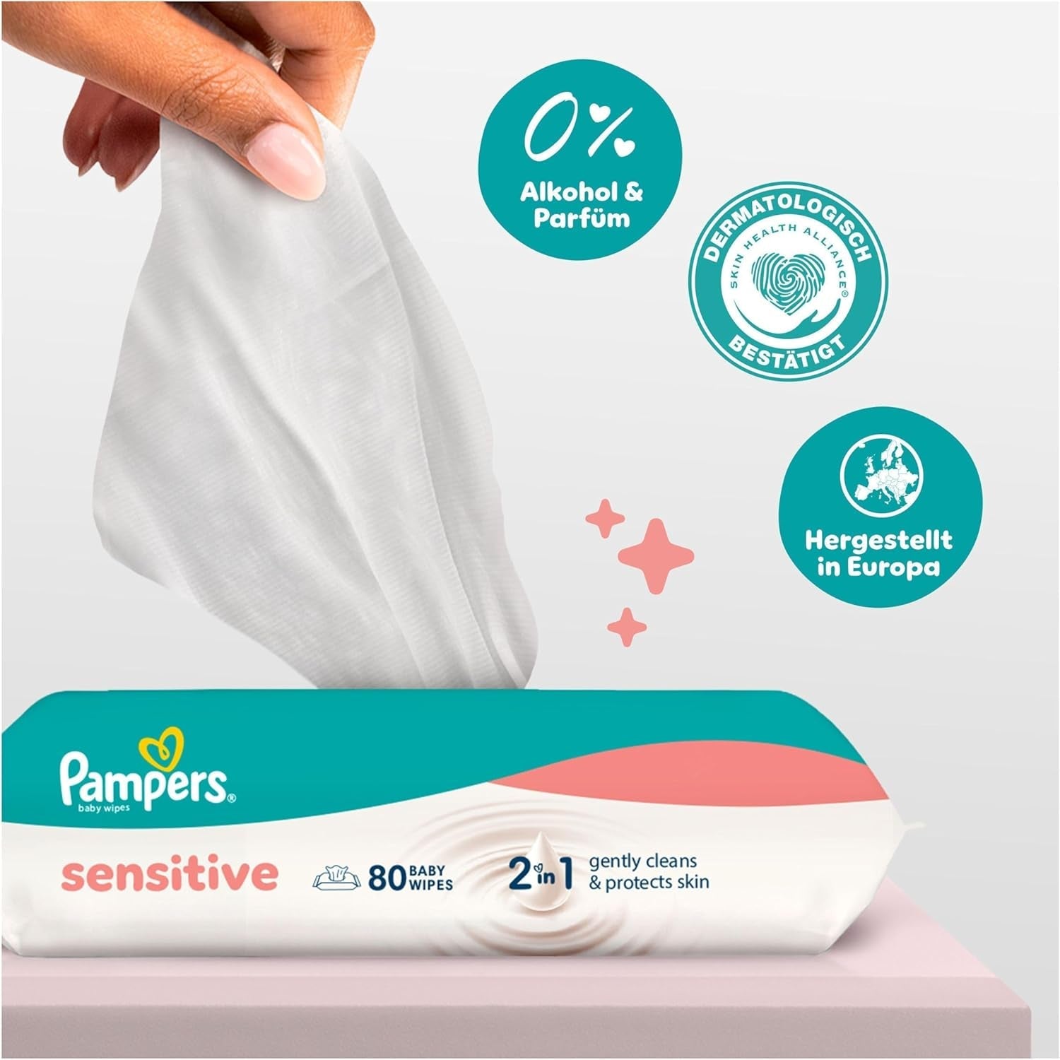 Pampers Sensitive dětské ubrousky, 15 balení 80 ubrousků, 1200 dětských ubrousků, jemné čištění a ochrana pokožky 2 v 1