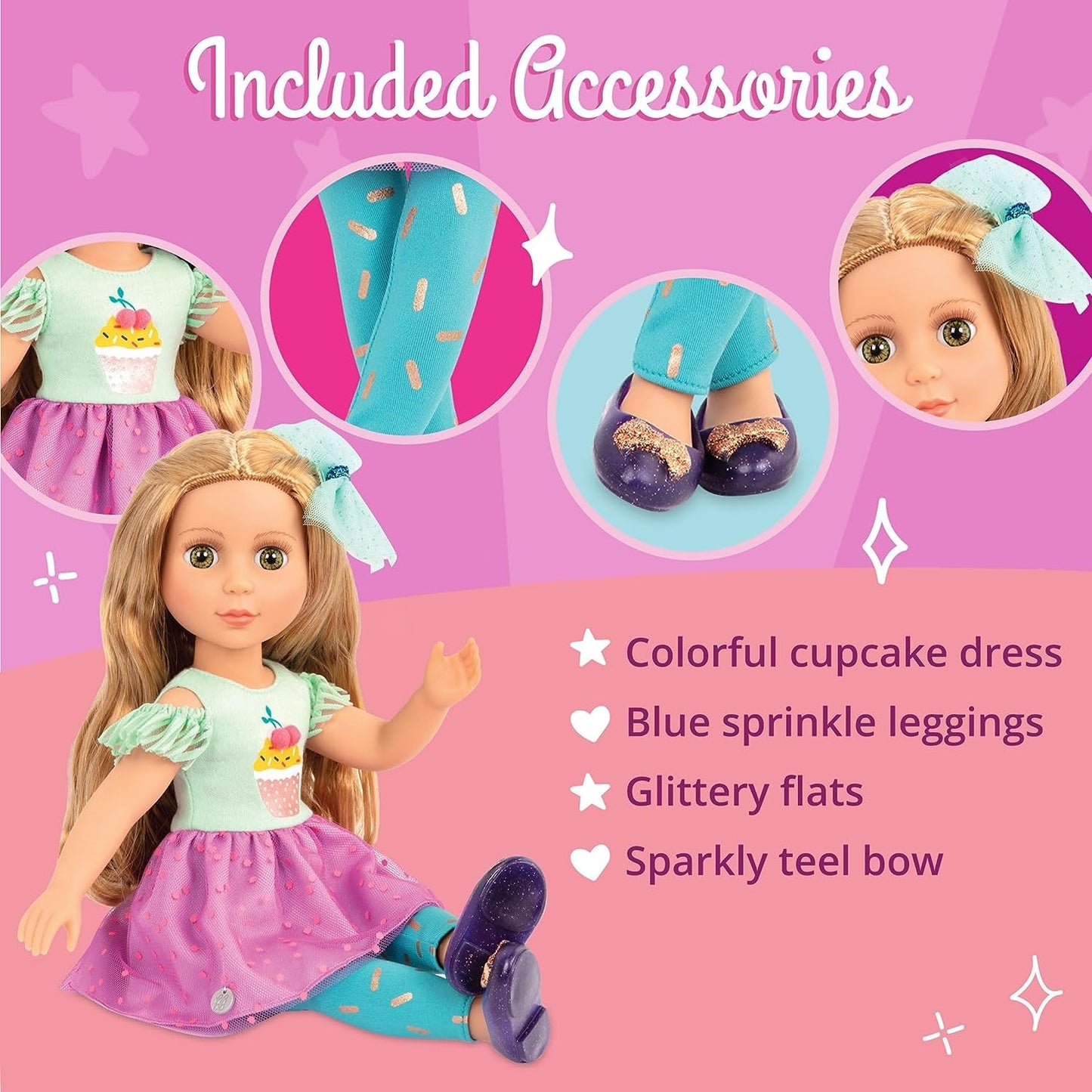 Glitter Girls - Sashka - 36 cm Bewegliche Modepuppe - Blonde Haar und grüne Augen - Cupcake-Kleid mit Haarschleife - Glitzerschuhe & Gepunktete-Leggings - 3 Jahre +