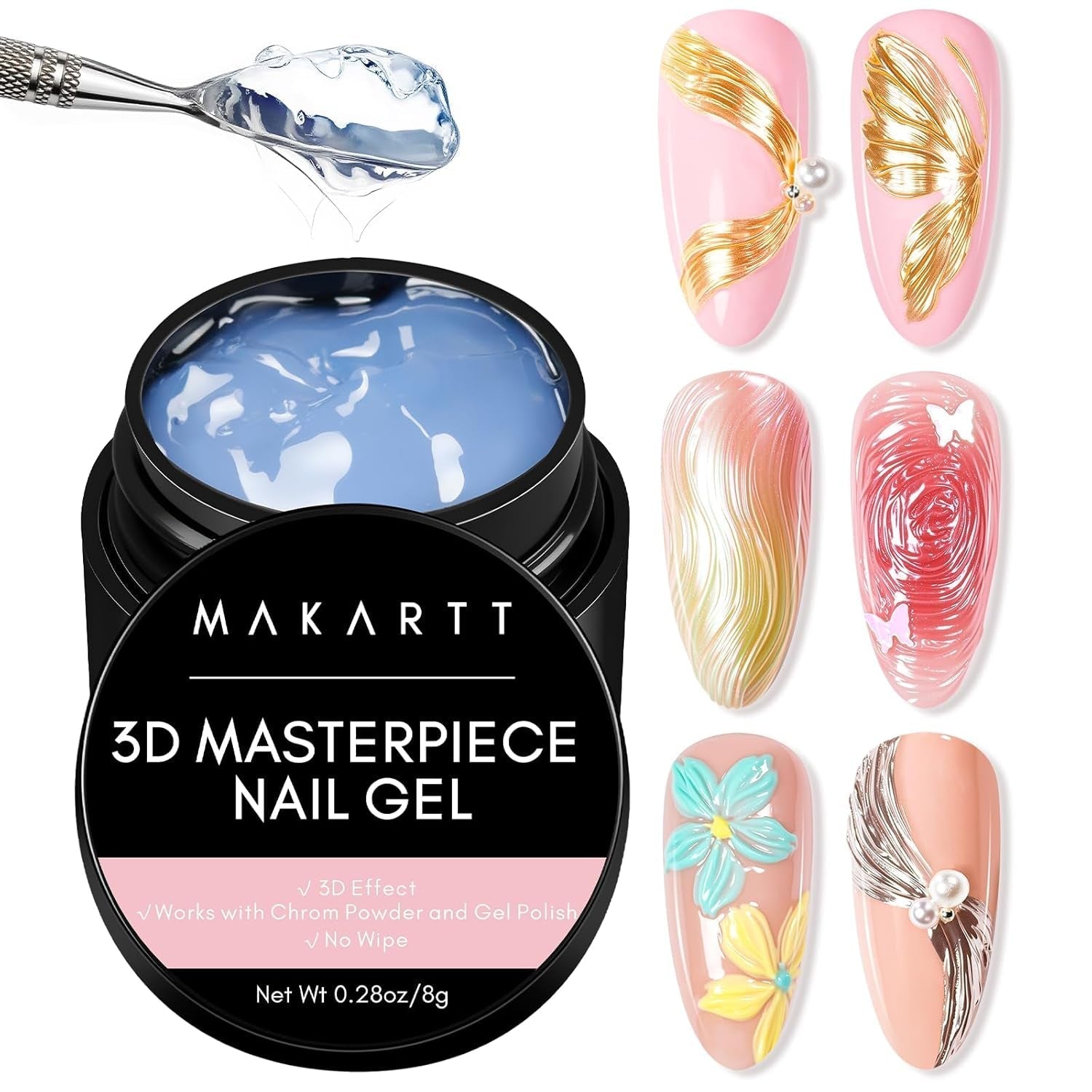 Makartt 3D Nail Art Gel - Kamínkový lepicí gel 15G na klíčenky na nehty, Multifunkční gel na tvarování nehtů pro vlastní úpravu nehtů, modeláž nehtů na modeláž nehtů doma (transparentní)