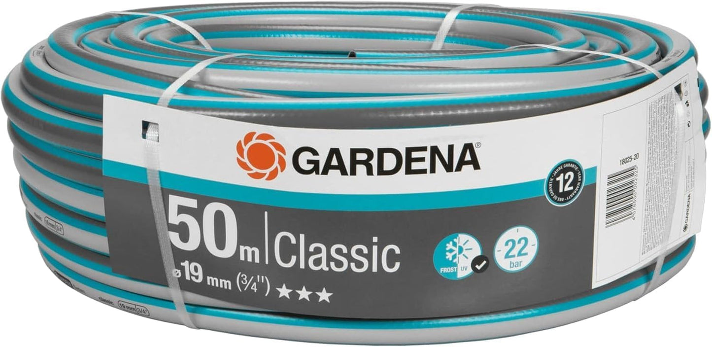 Gardena Classic hadice 19 mm (3/4 palce), 20 m: Univerzální zahradní hadice z robustní tkaniny, křížově tkaná, tlak při roztržení 22 barů, odolná proti UV záření, bez systémových komponent, záruka 12 let (18022-20)