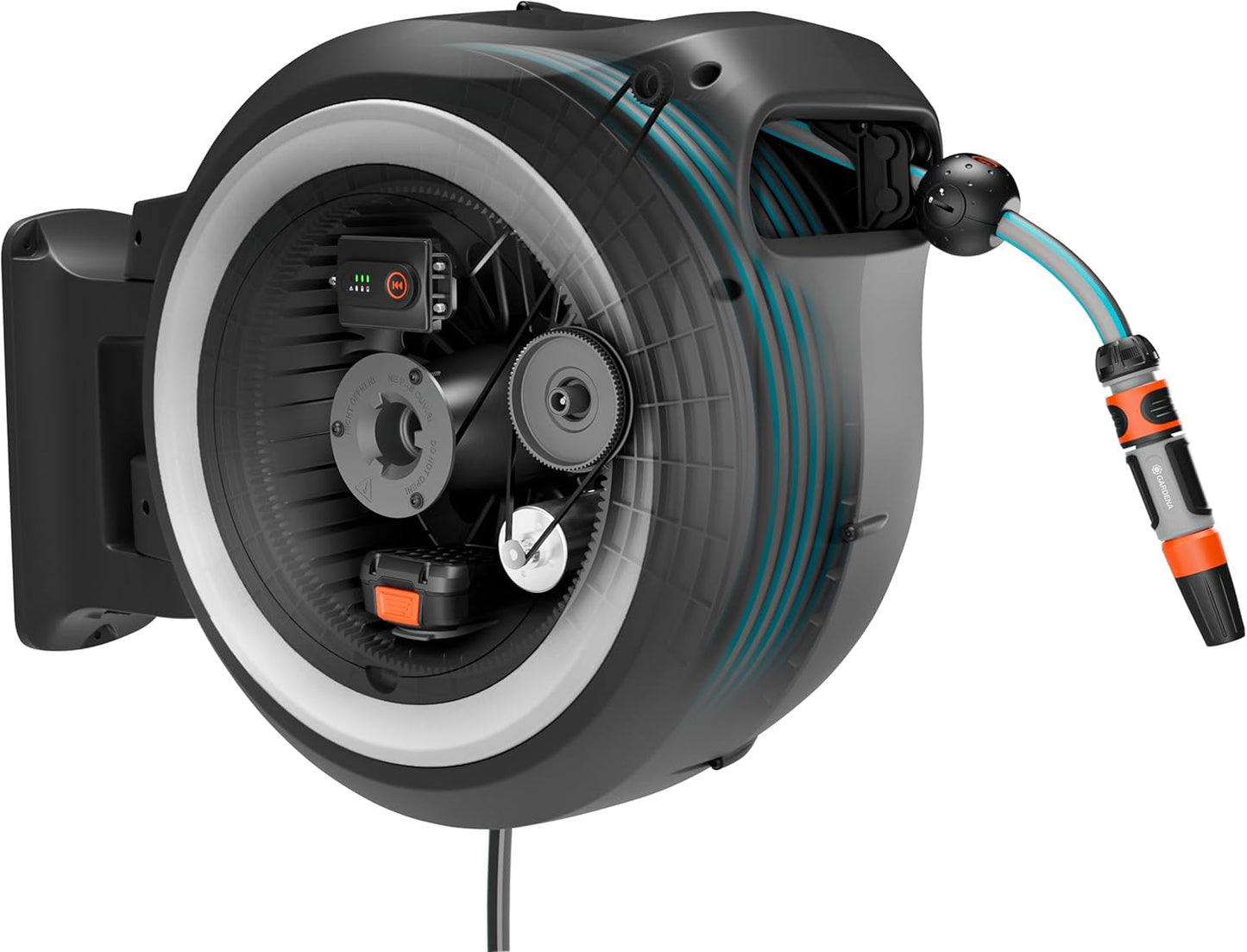 Bezdrátový nástěnný hadicový box Gardena PowerRoll XXL Solo: Automatický hadicový naviják se 40m zahradní hadicí, hadicovým vedením a RollControl, bateriový, odolný vůči UV záření a mrazu (18647-55)