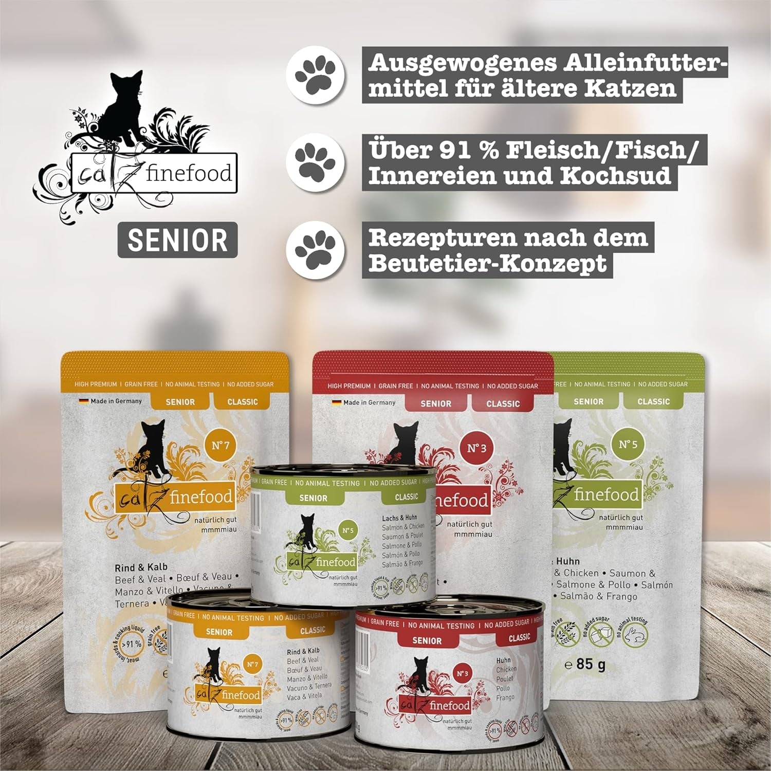 catz finefood Senior Collection Katzenfutter nass - Premium Nassfutter für Ihre Senior Katze - getreidefrei, bez Zucker, hoher Fleischanteil, Vitamine & Mineralien (6 x 200g dávka)