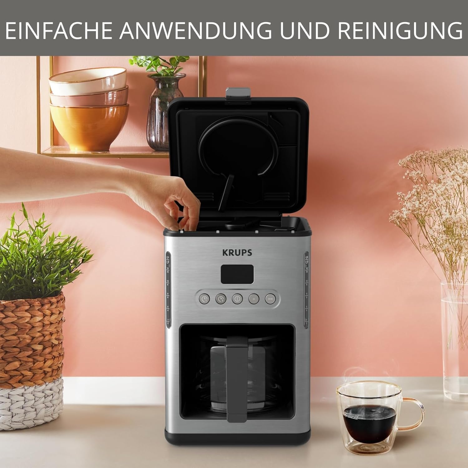 Kávovar na espresso s filtrem Krups KM442D Premium | 10-15 šálků | 1000 wattů | programovatelný | funkce udržování teploty | nerezová ocel | černý