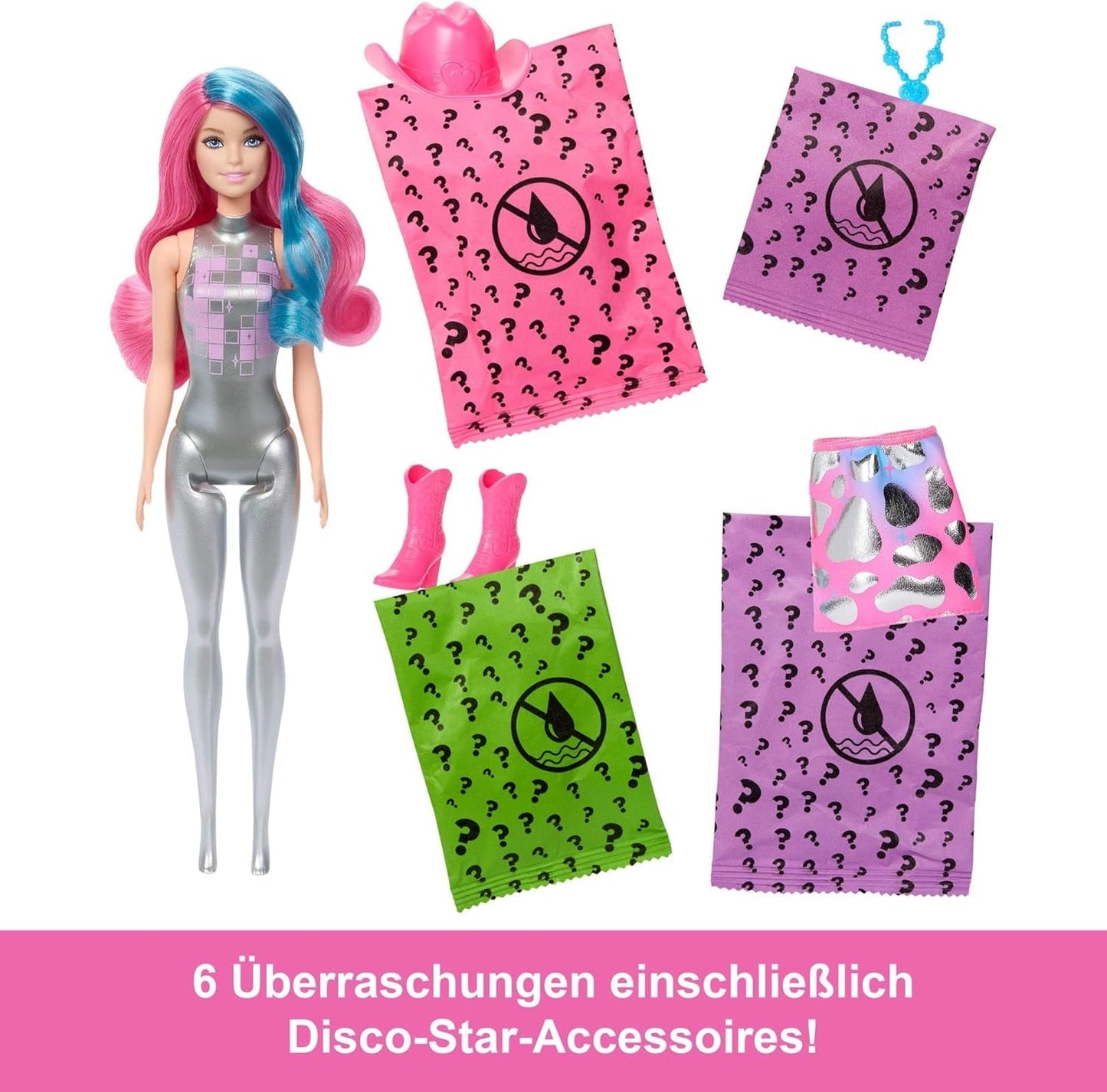 Módní panenka Barbie Color Reveal a doplňky se 6 překvapeními, řada Disco Star s kovovými třpytkami a topem měnícím barvu (styly se mohou lišit), panenky JCP01 Naty Shop