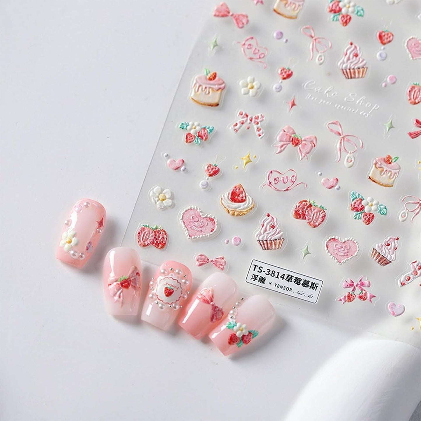 JMEOWIO 3D Nálepka na nehty Rosa Nálepka na nehty Selbstklebend Nagelaufkleber 5D Stereoskopisch Kuchen Erdbeerschleife Dekoration Nageldesign Zubehör 1 Blatt